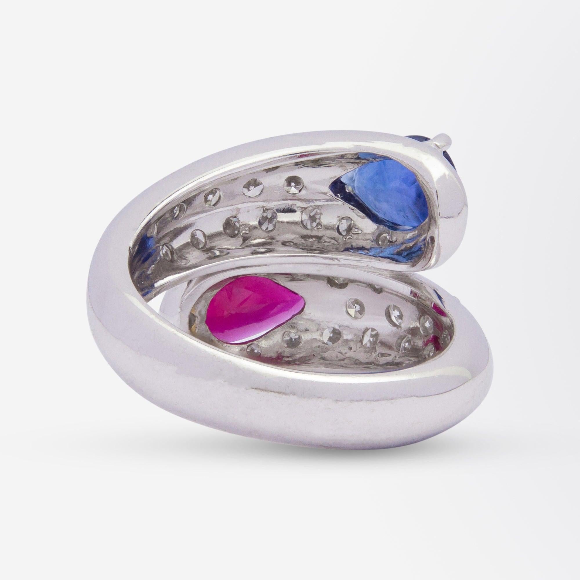 18 Karat White Gold, Diamond, Ruby, and Sapphire Bypass Ring In Good Condition For Sale In Brisbane, QLD