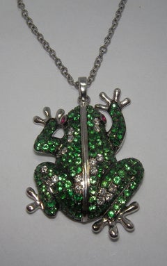 18 Karat White Gold, Diamond, Ruby and Tsavorite Frog Pendant and Chain