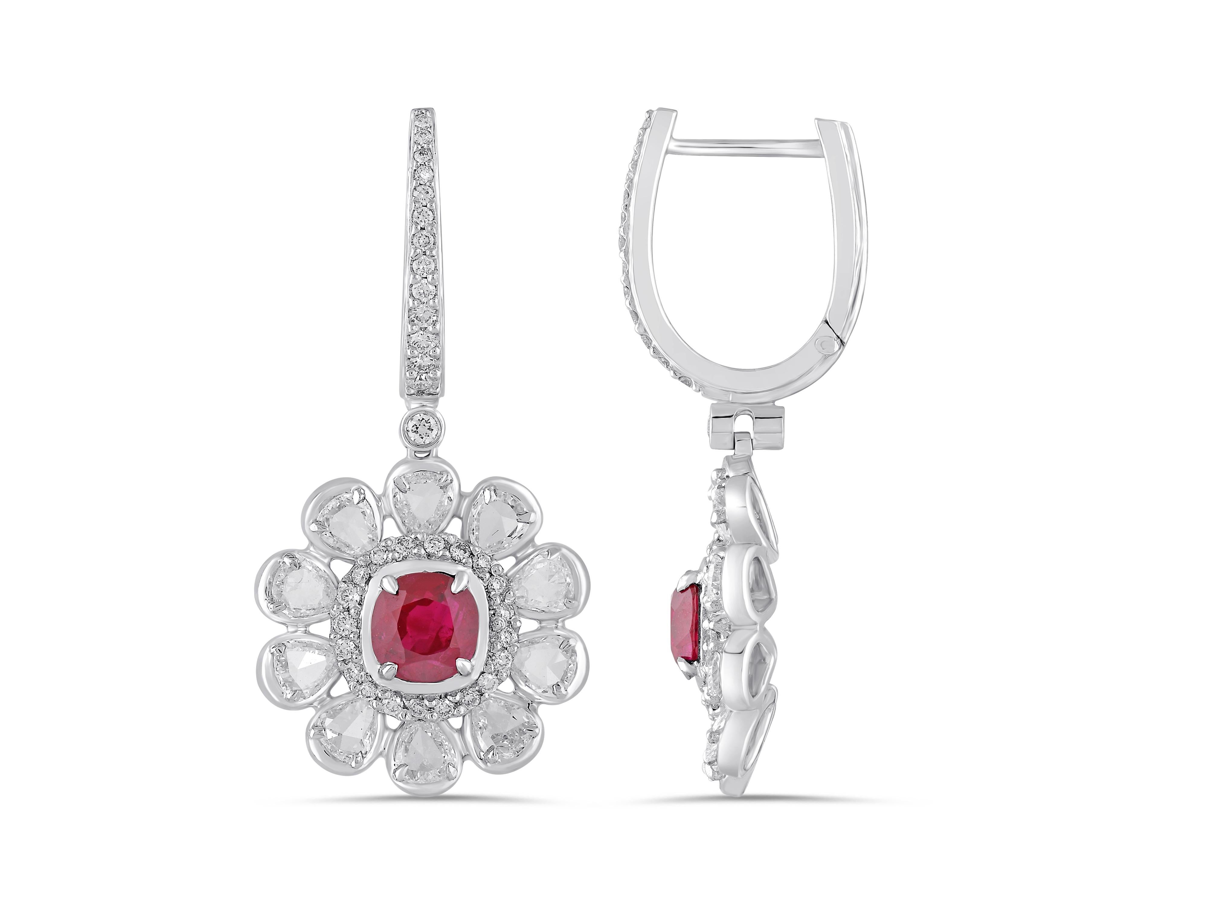 Contemporary 18 Karat White Gold Diamond Ruby Earrings For Sale