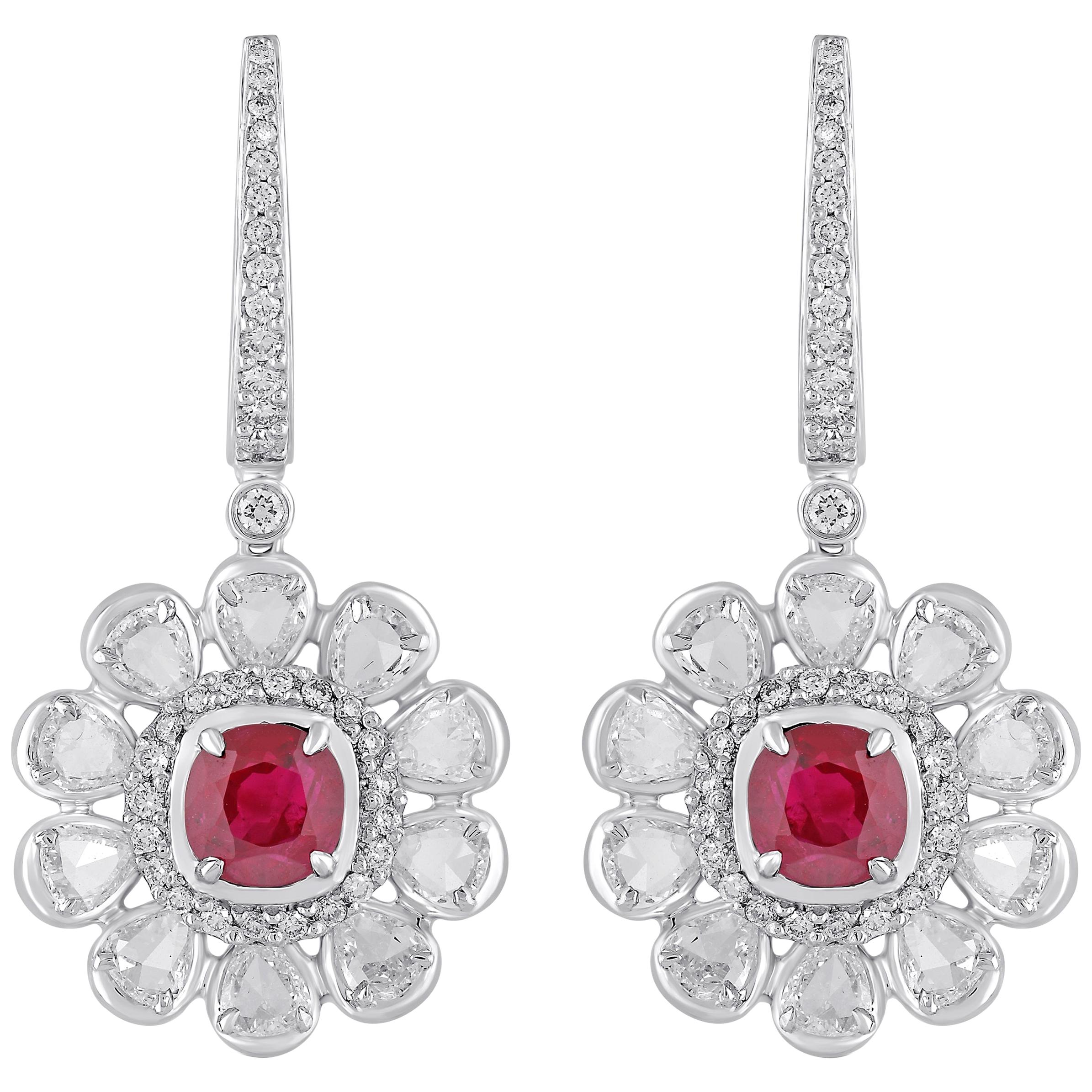 18 Karat White Gold Diamond Ruby Earrings For Sale