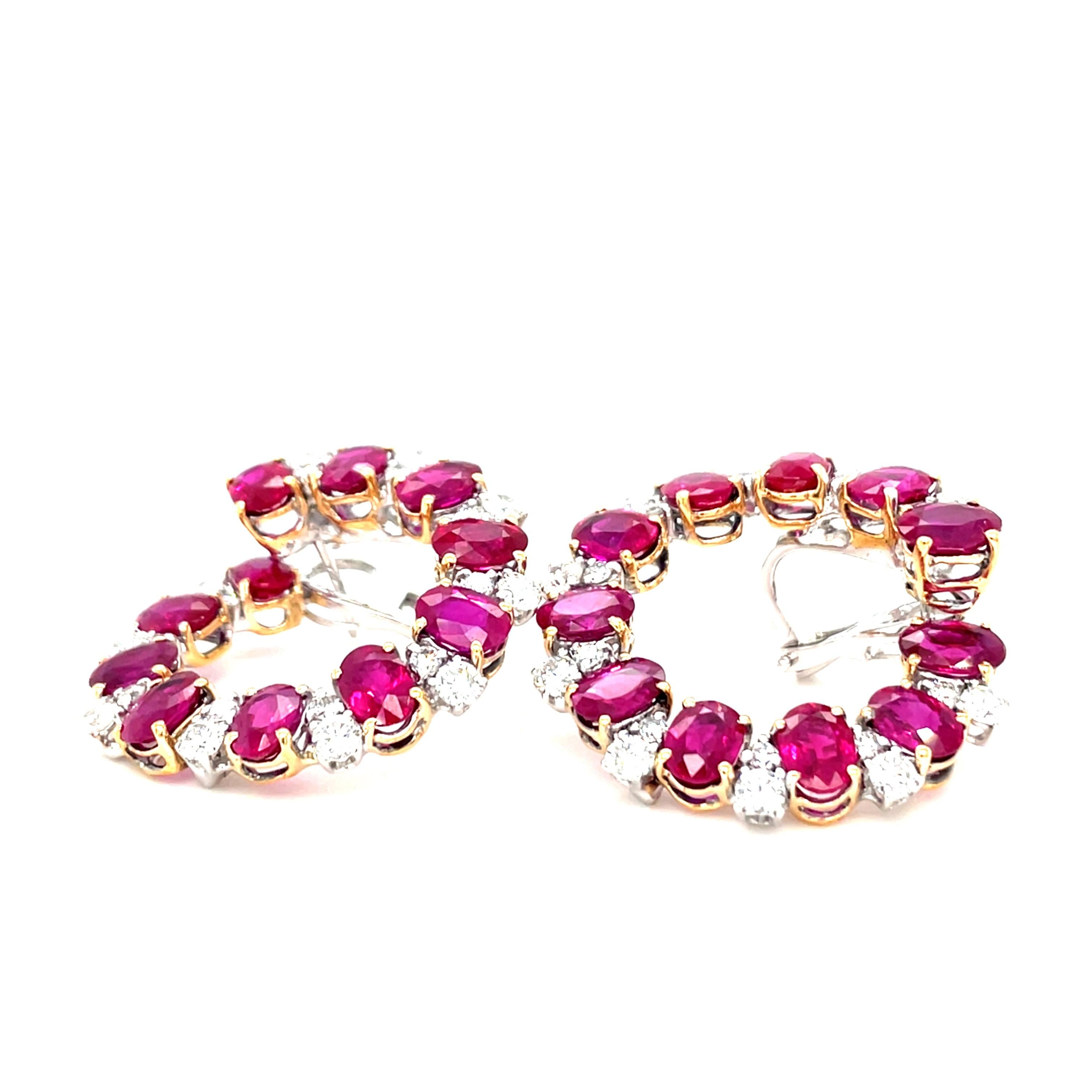 Contemporary 18 Karat White Gold Diamond Ruby Hoop Earrings For Sale