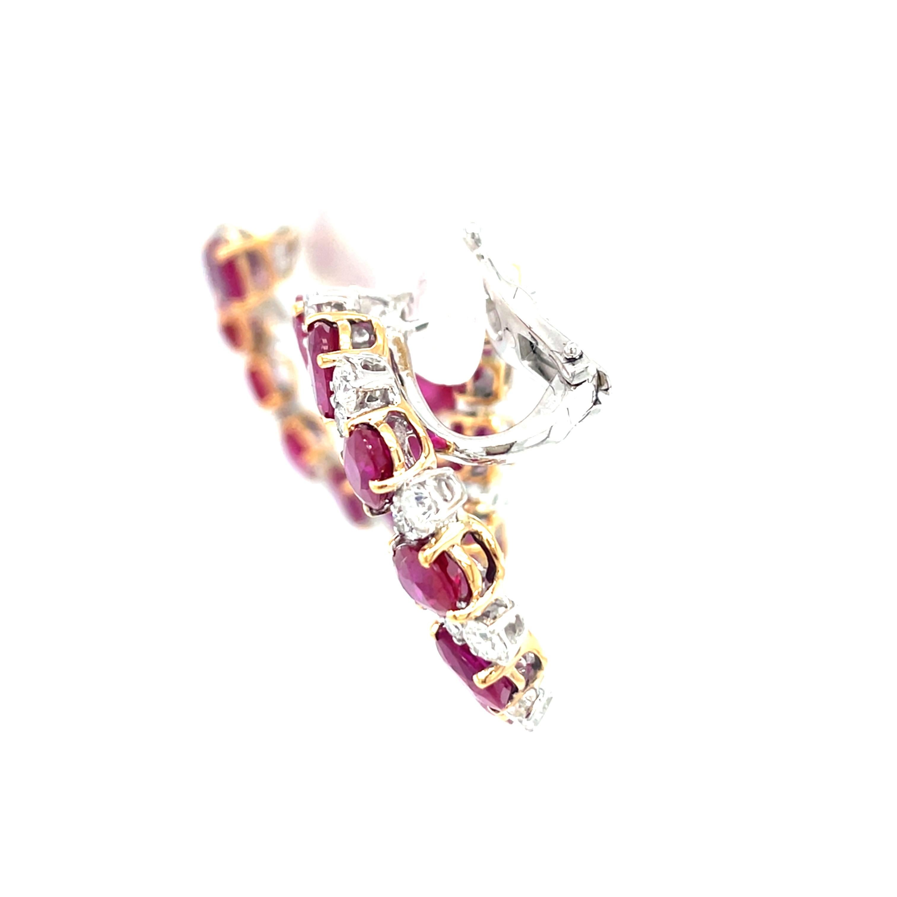 Oval Cut 18 Karat White Gold Diamond Ruby Hoop Earrings For Sale