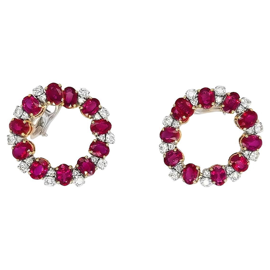 18 Karat White Gold Diamond Ruby Hoop Earrings For Sale