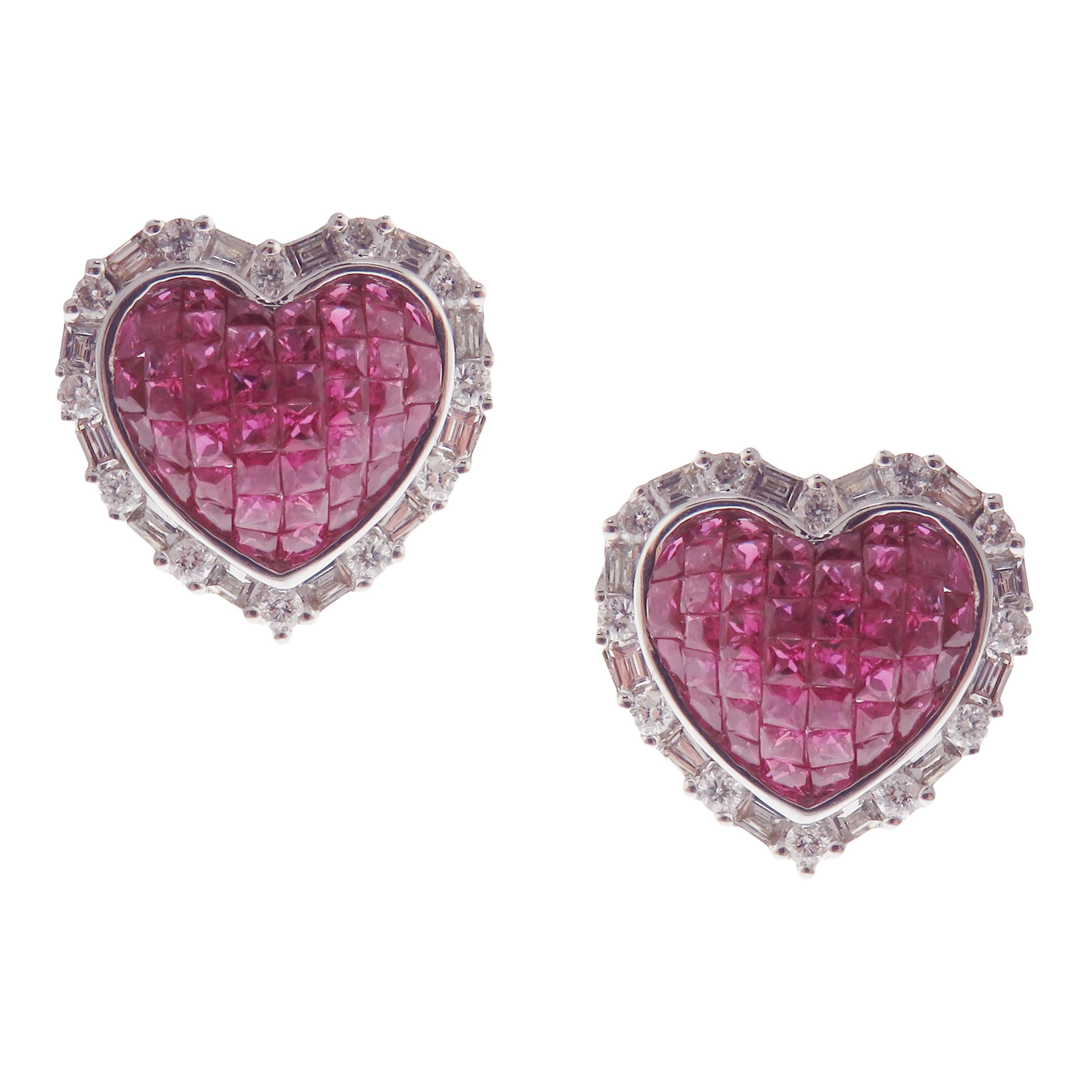 Princess Cut 18 Karat White Gold Diamond Ruby Invisible Small Heart Earring Ring Set