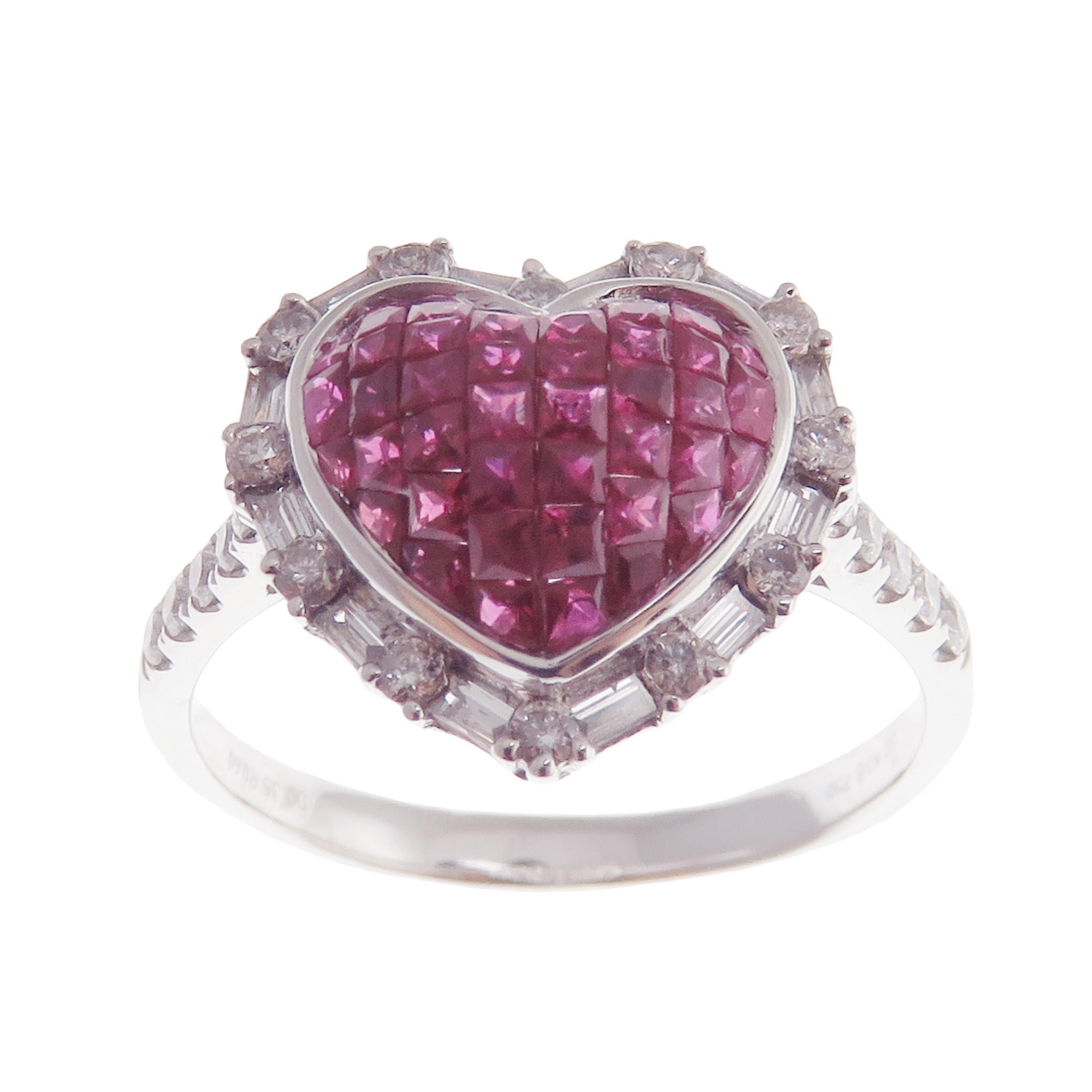 18 Karat White Gold Diamond Ruby Invisible Small Heart Earring Ring Set 1