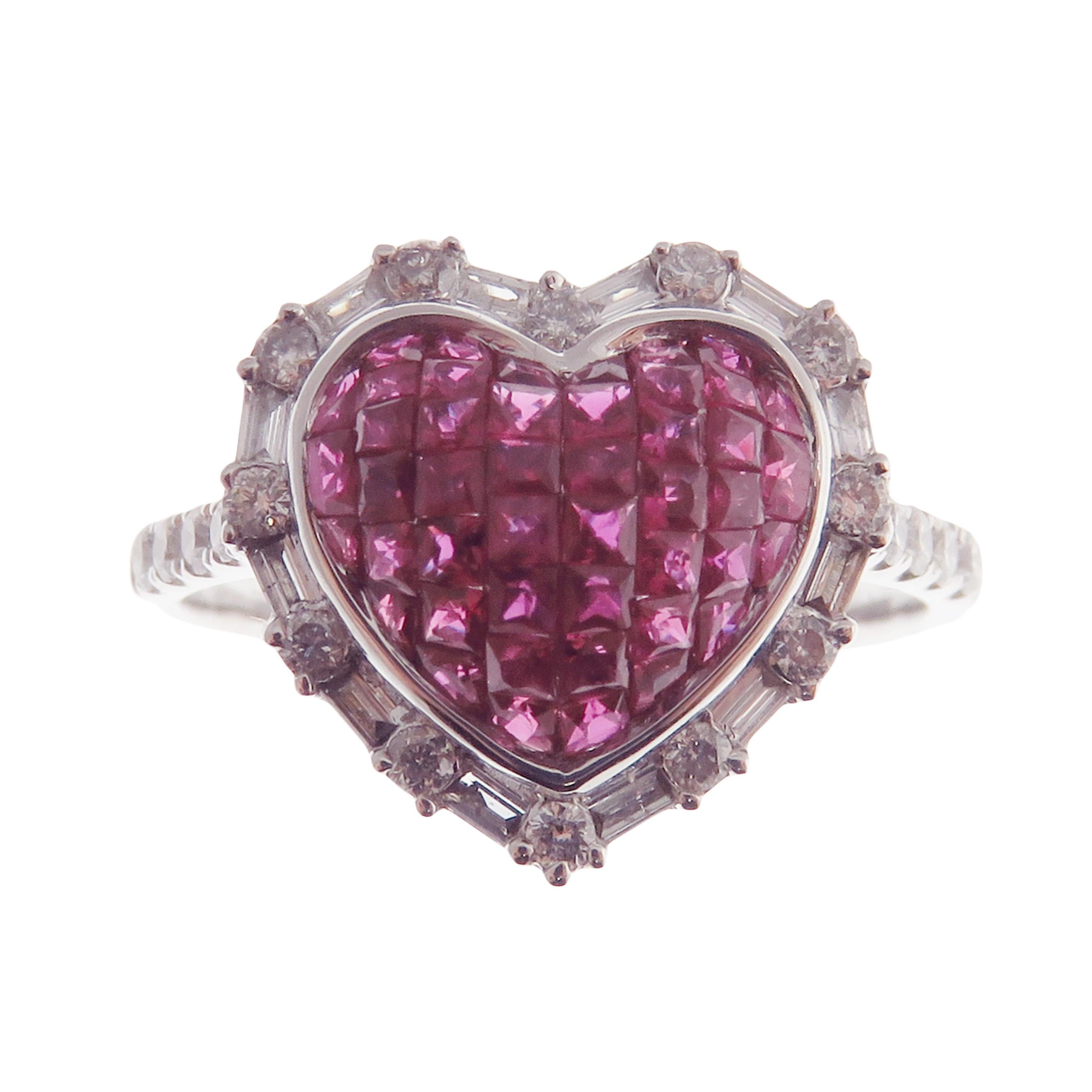 18 Karat White Gold Diamond Ruby Invisible Small Heart Earring Ring Set 2