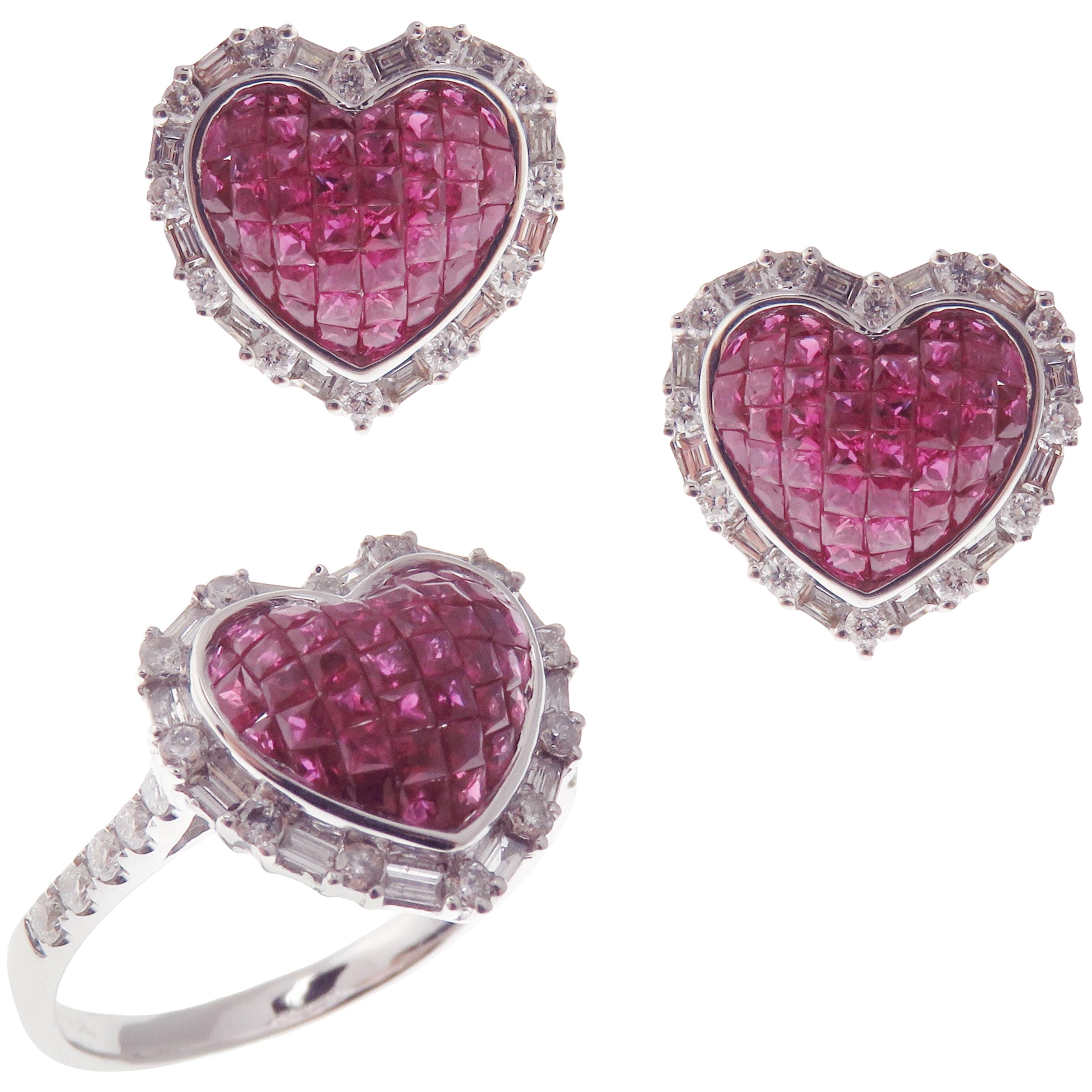 18 Karat White Gold Diamond Ruby Invisible Small Heart Earring Ring Set
