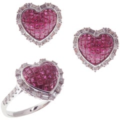 18 Karat White Gold Diamond Ruby Invisible Small Heart Earring Ring Set