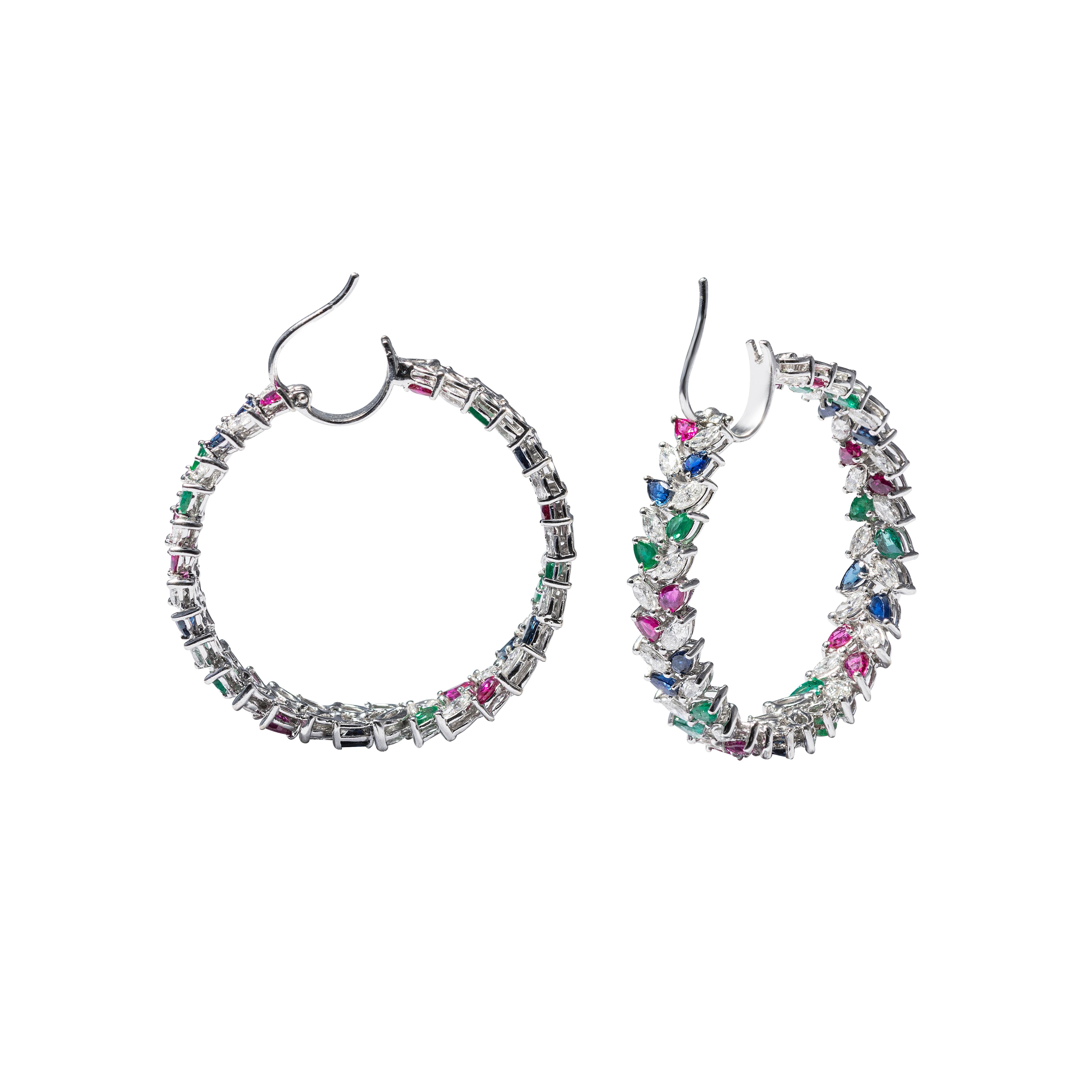 Contemporary 18 Karat White Gold Diamond, Ruby, Sapphire & Emerald Hoop Earrings For Sale