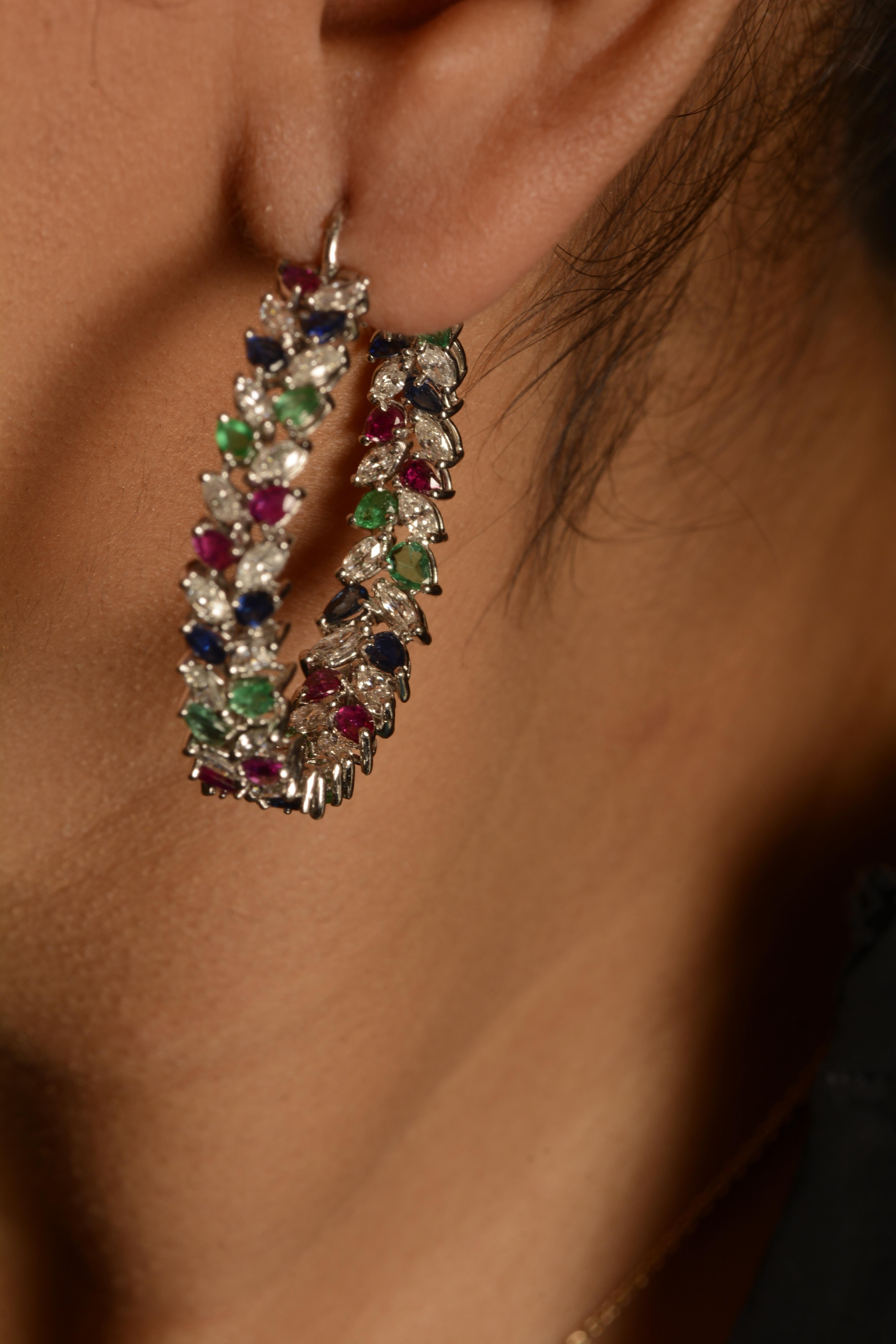 Mixed Cut 18 Karat White Gold Diamond, Ruby, Sapphire & Emerald Hoop Earrings For Sale