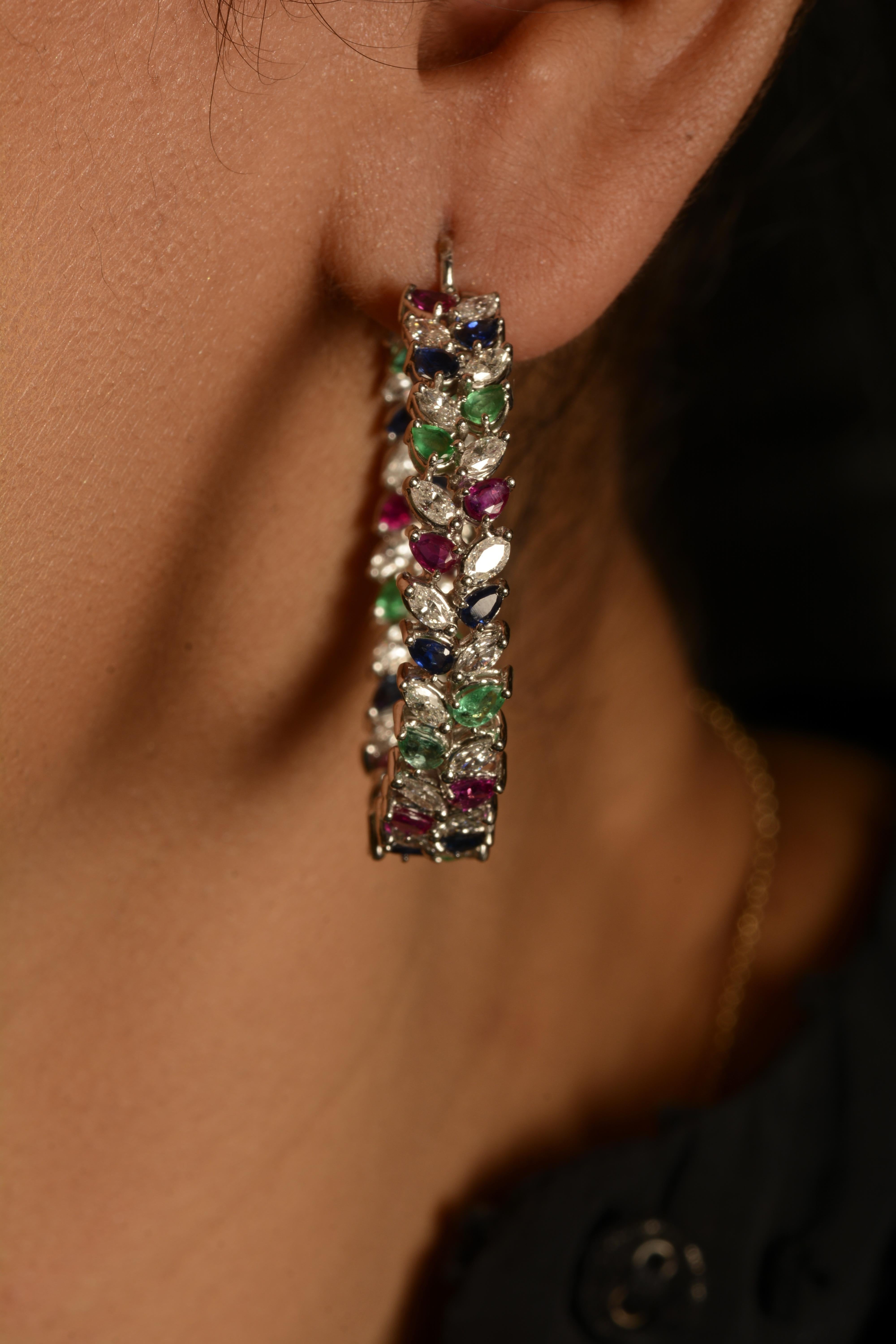 18 Karat White Gold Diamond, Ruby, Sapphire & Emerald Hoop Earrings For Sale 1