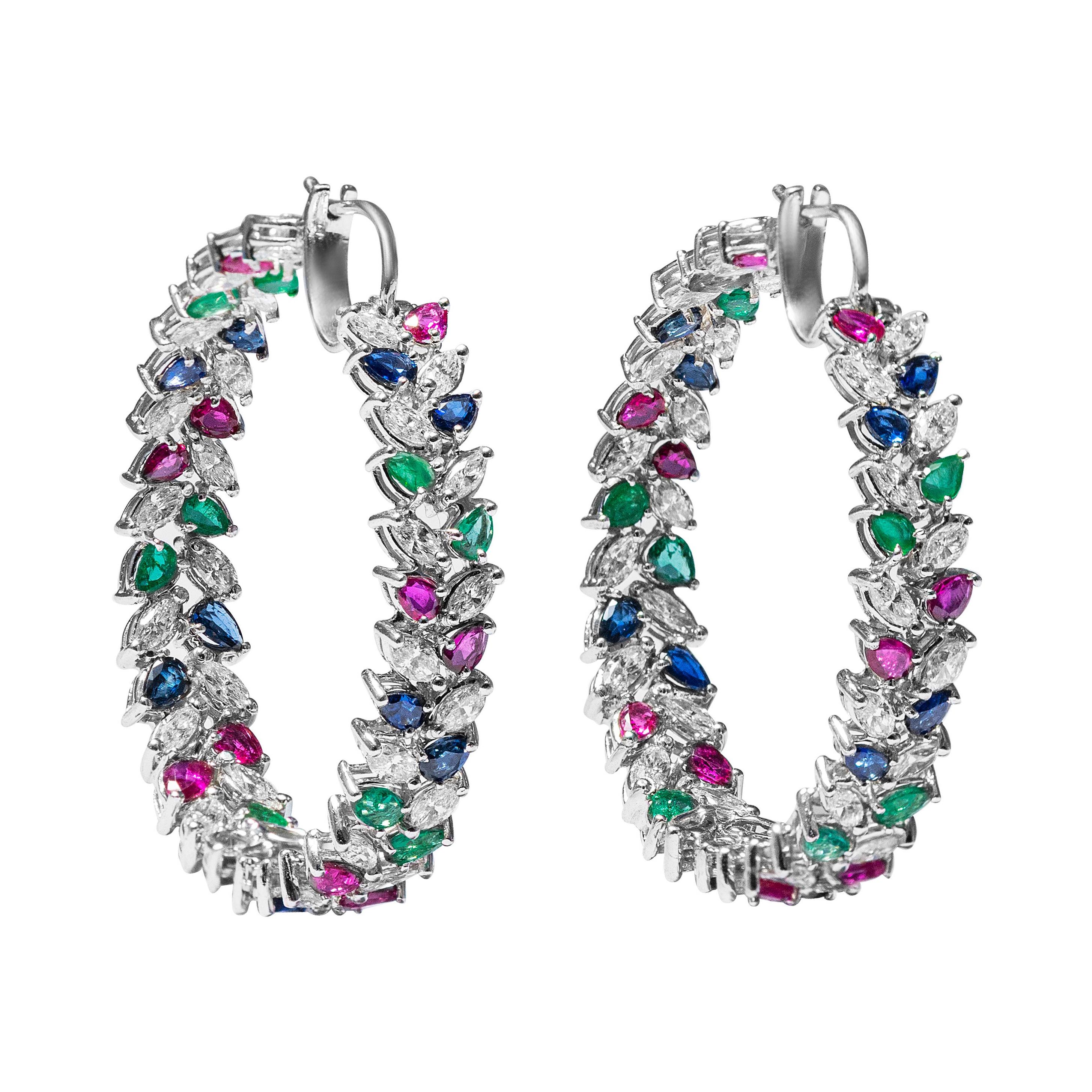 18 Karat White Gold Diamond, Ruby, Sapphire & Emerald Hoop Earrings For Sale