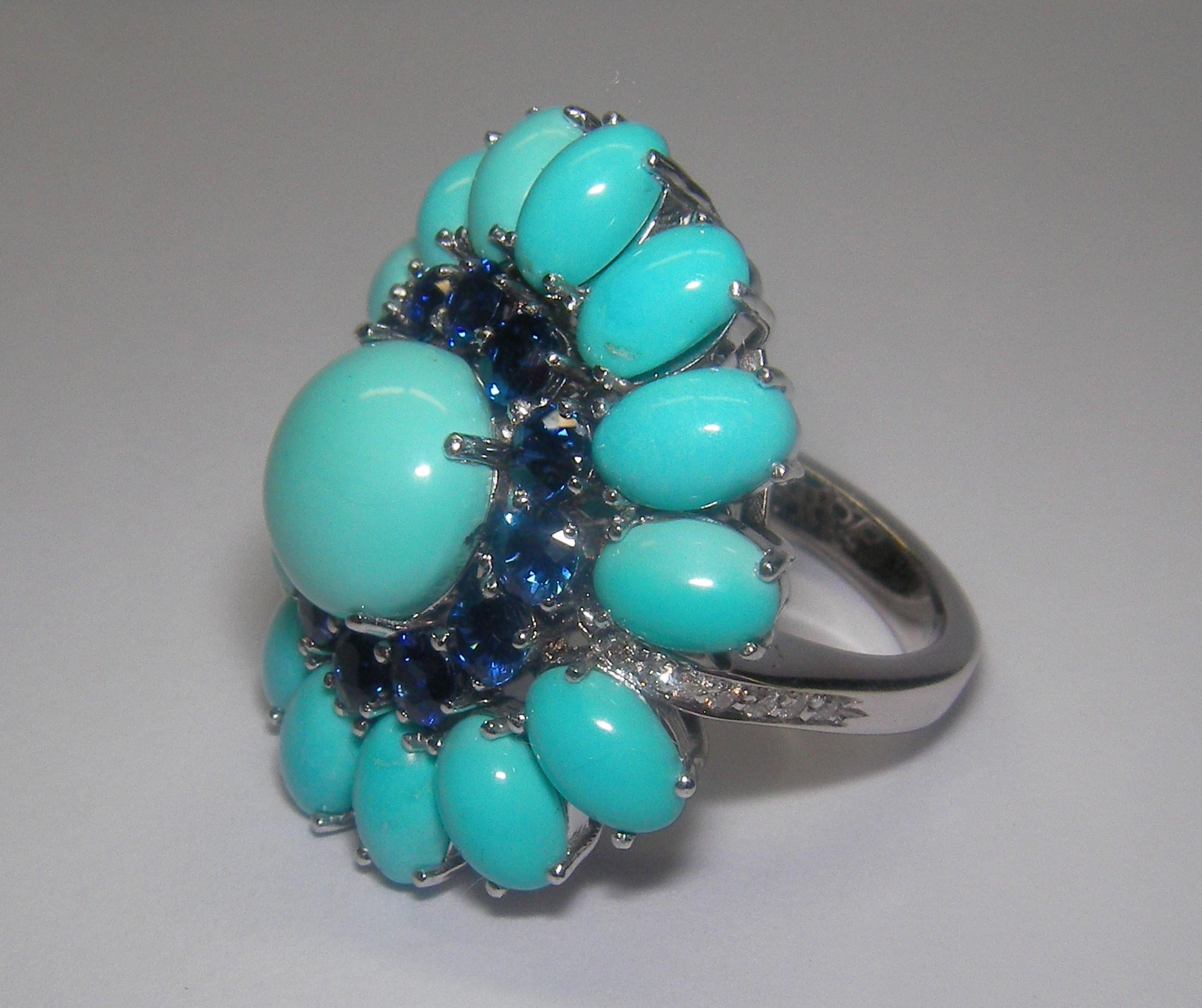 Oval Cut 18 Karat White Gold Diamond Sapphire and Turquoise Cocktail Ring