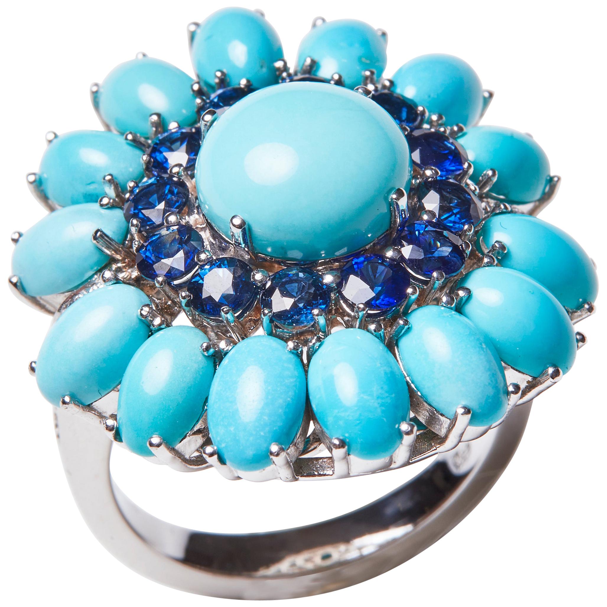 18 Karat White Gold Diamond Sapphire and Turquoise Cocktail Ring