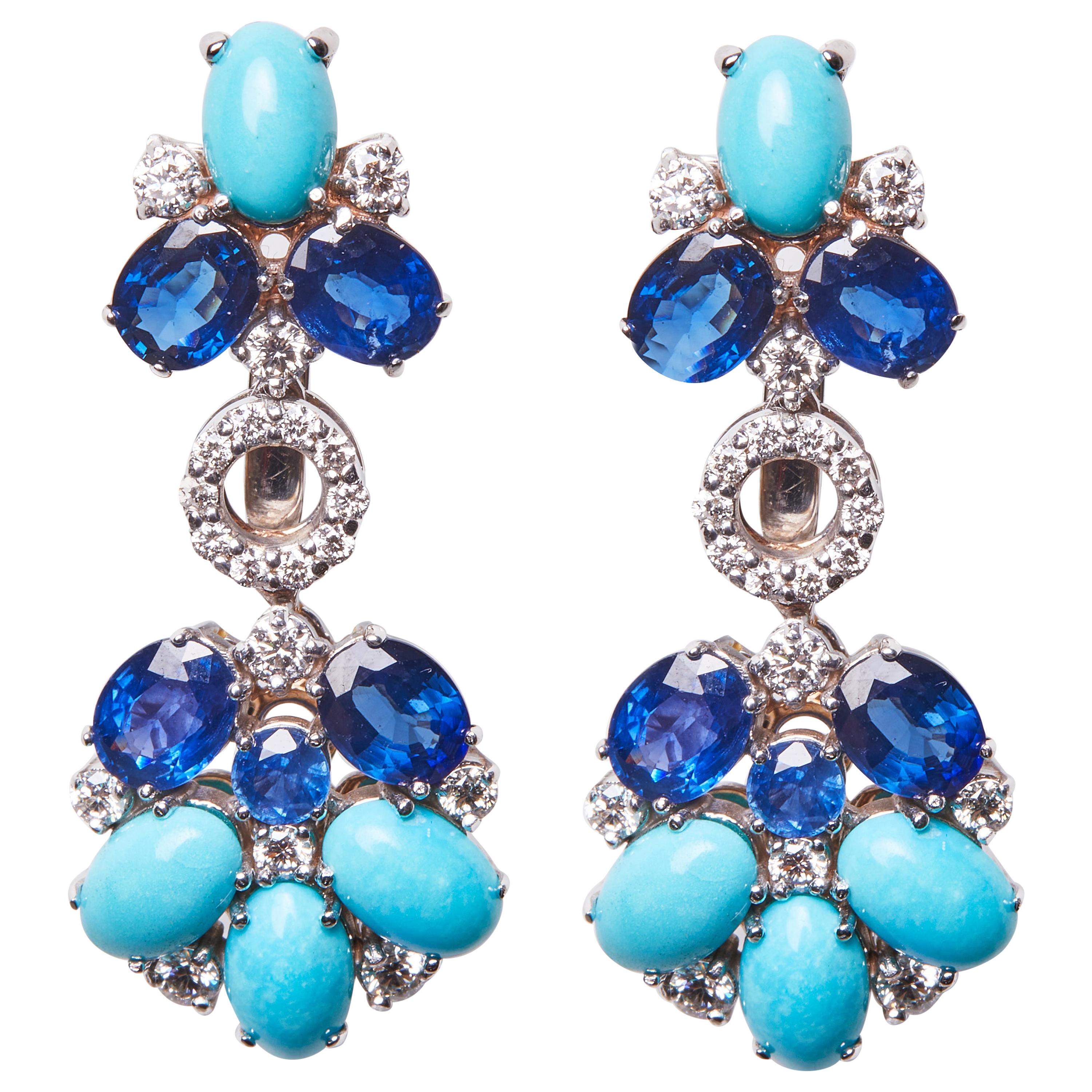 18 Karat White Gold Diamond, Sapphire and Turquoise Dangle Earrings