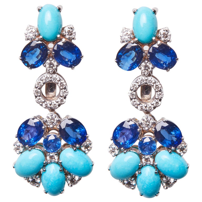 18 Karat White Gold Diamond, Sapphire and Turquoise Dangle Earrings For ...