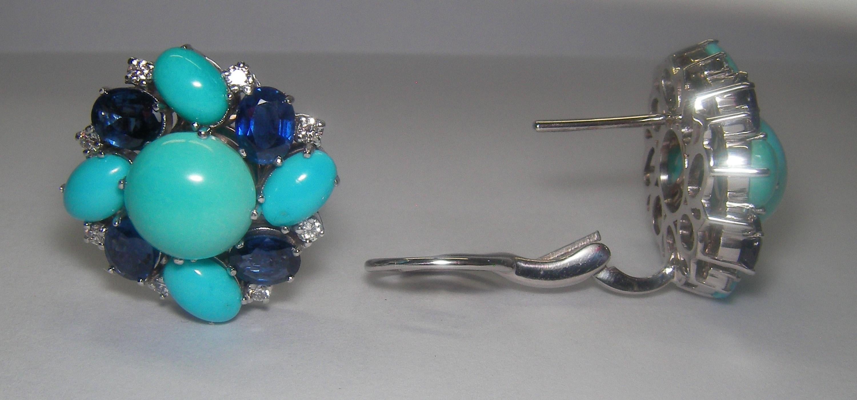 Oval Cut 18 Karat White Gold Diamond, Sapphire and Turquoise Earrings