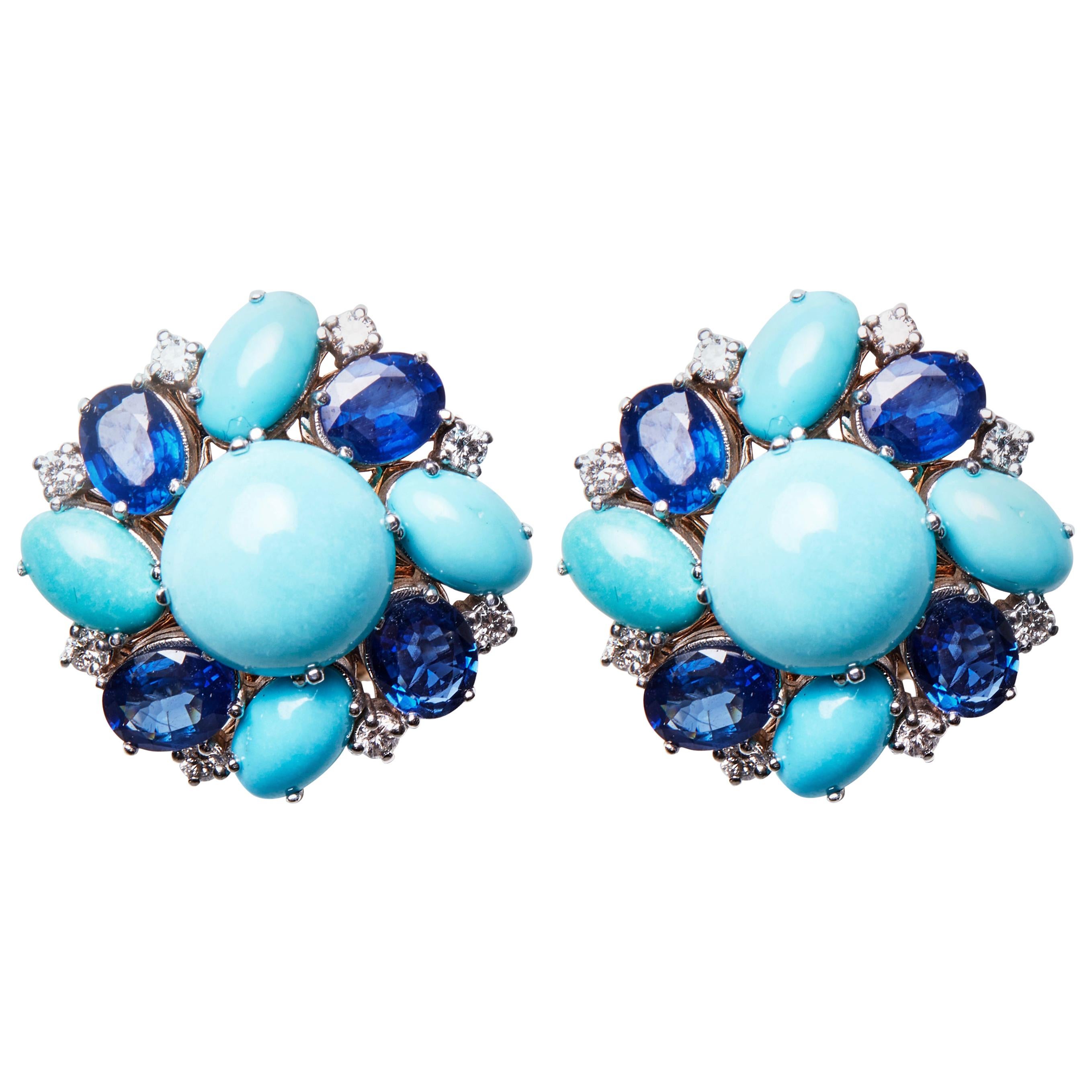 18 Karat White Gold Diamond, Sapphire and Turquoise Earrings