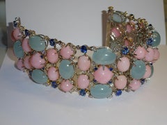 18 Karat White Gold Diamond, Sapphire Aquamarine and Rose Opal Bracelet