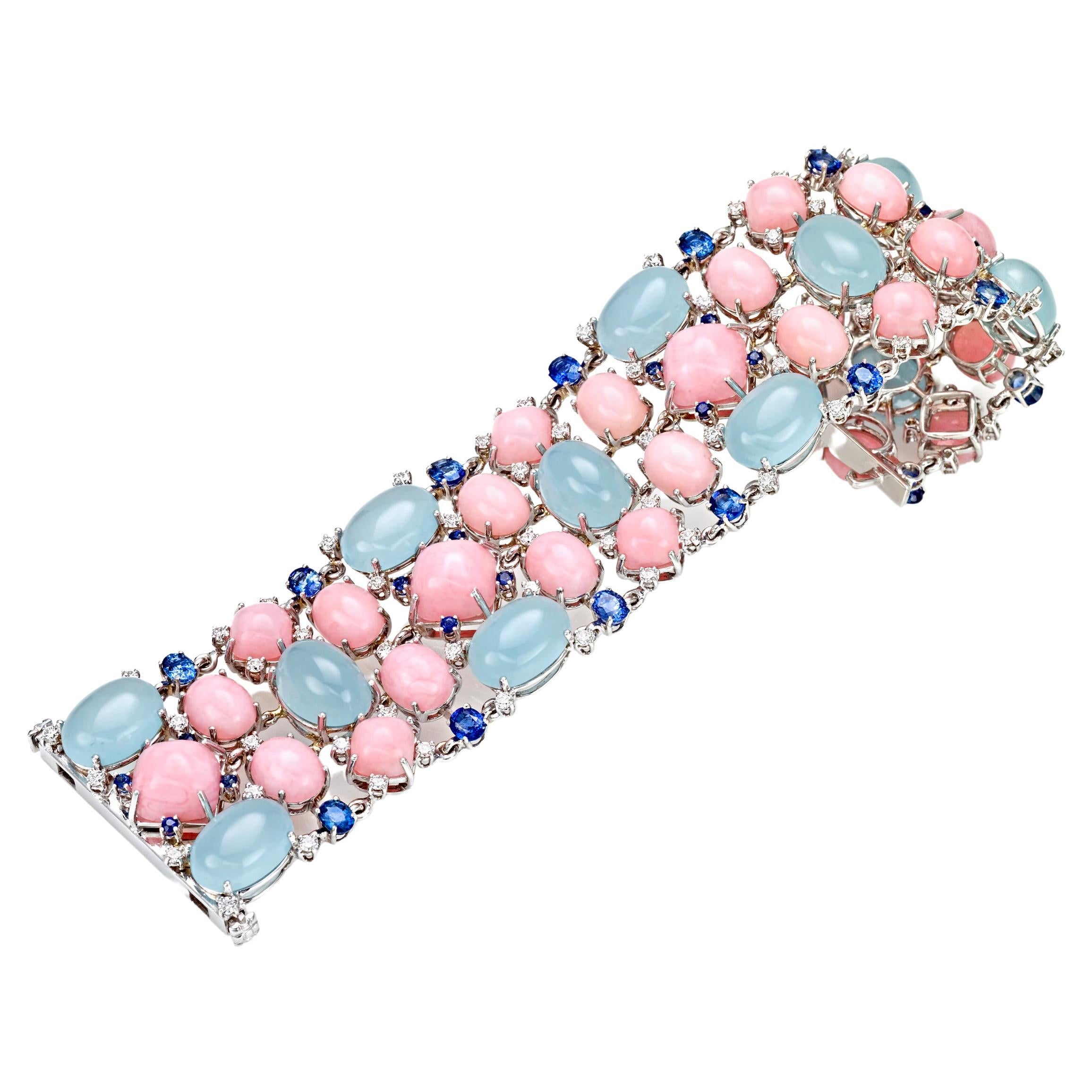 18 Karat White Gold Diamond, Sapphire Aquamarine and Rose Opal Bracelet