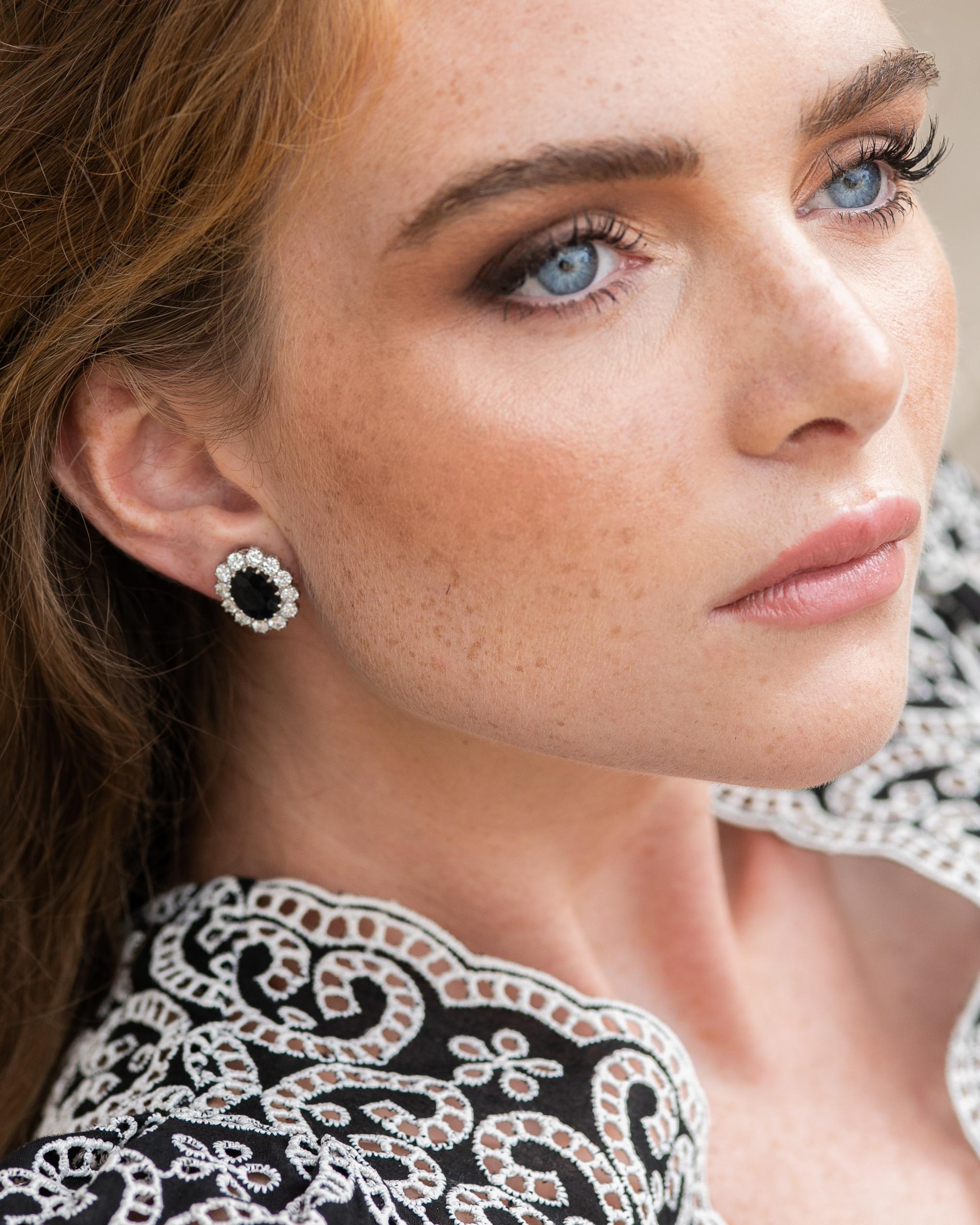 This 18K white gold elegant drop earrings are from our Timeless collection. These drop earrings are combining natural white diamonds in total of 2.73 Carat and natural sapphire in total of 5.43 Carat.. Total metal weight is 9.0 gr. Pure