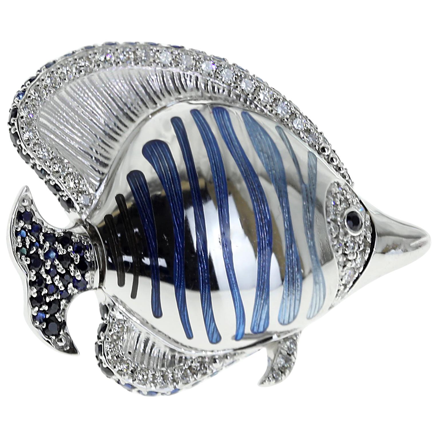 Diamond Sapphire Enamel 18 Karat White Gold Angel Fish Brooch