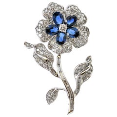 Vintage 18 Karat White Gold Diamond Sapphire Flower Brooch