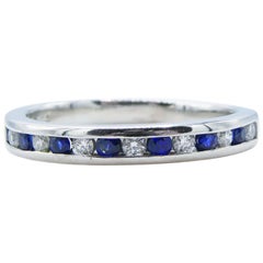 18 Karat White Gold Diamond and Sapphire Half Wedding Band Stackable Ring