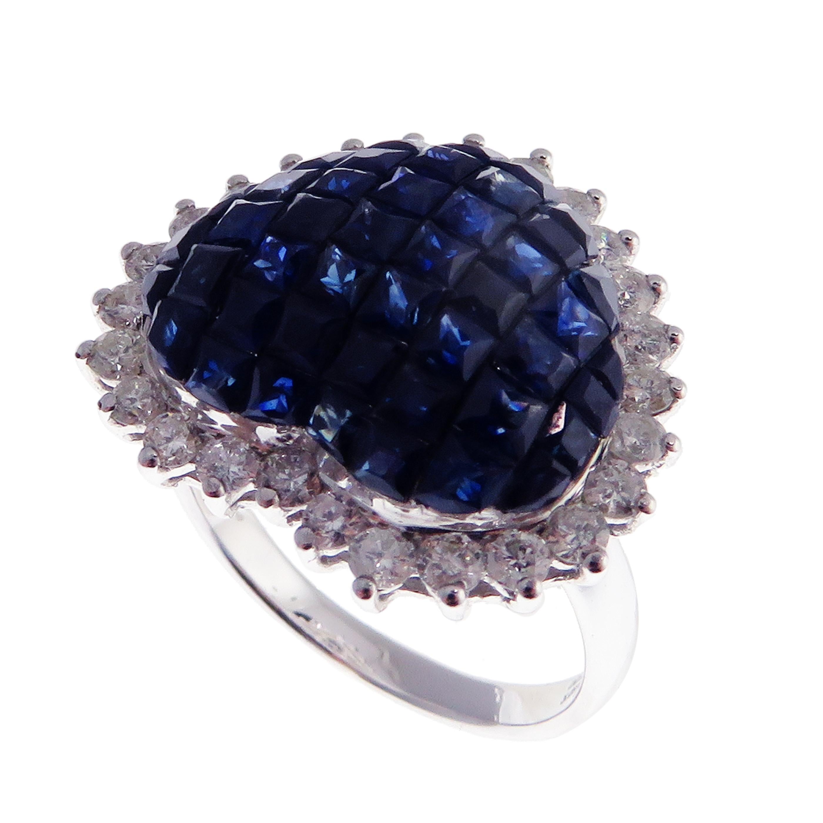 Women's or Men's 18 Karat White Gold Diamond Sapphire Invisible Heart Earring Ring Set