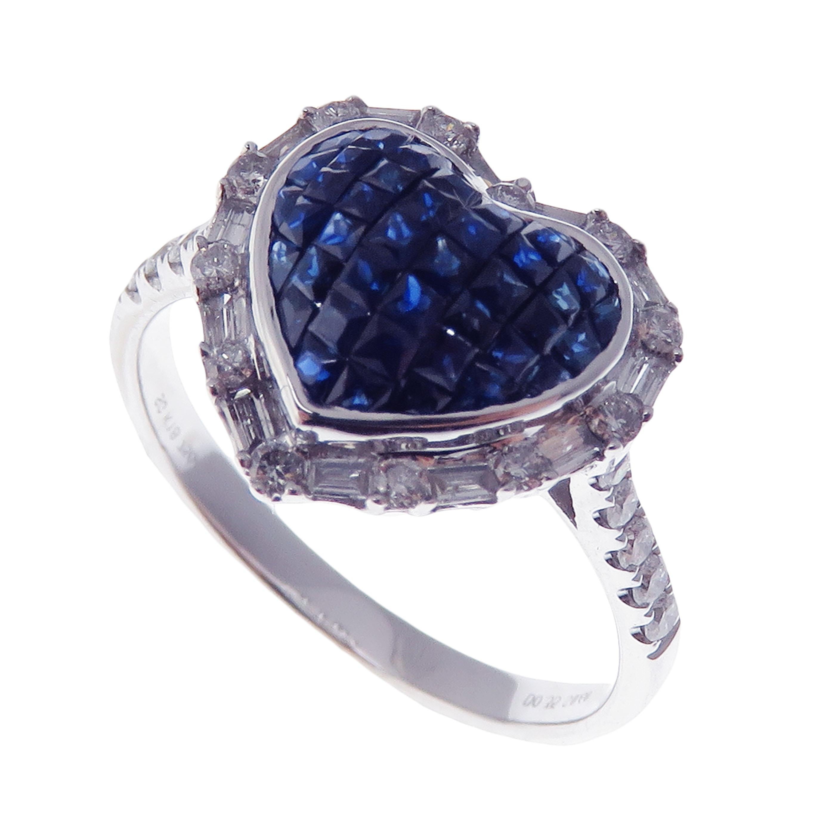 Women's or Men's 18 Karat White Gold Diamond Sapphire Invisible Small Heart Earring Ring Set