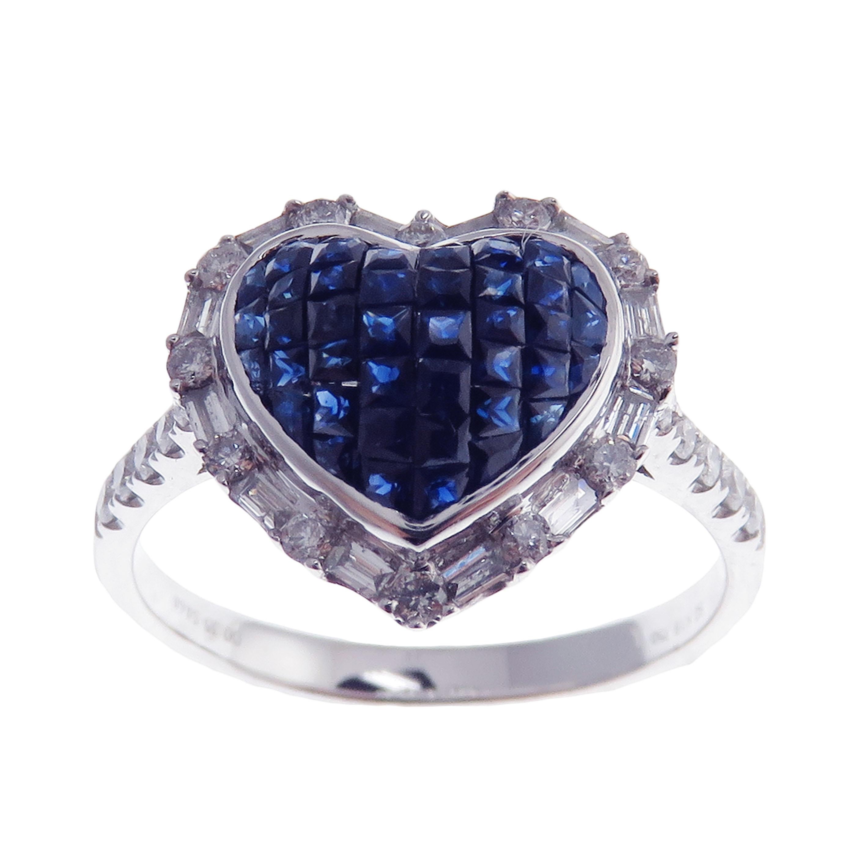 18 Karat White Gold Diamond Sapphire Invisible Small Heart Earring Ring Set 1