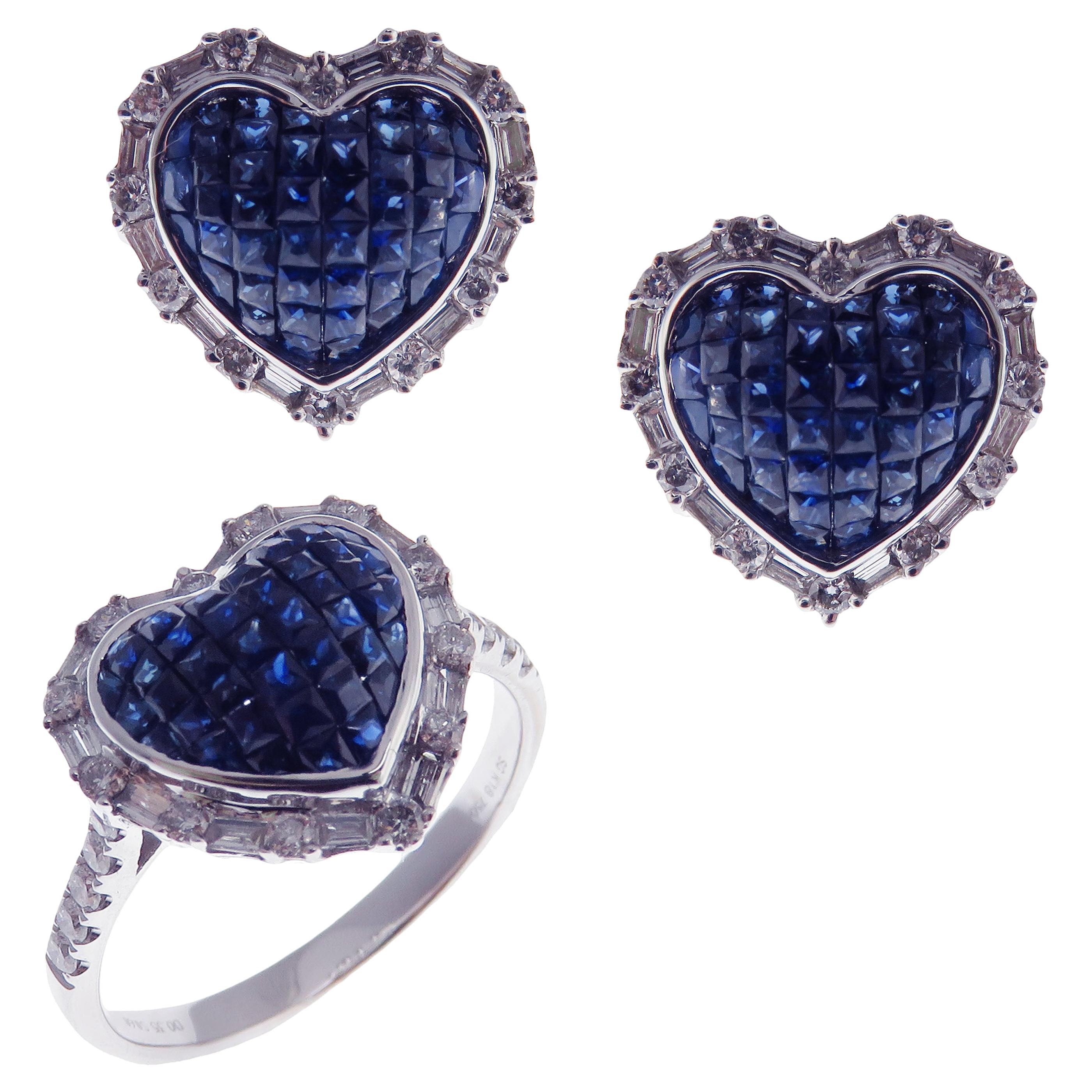 18 Karat White Gold Diamond Sapphire Invisible Small Heart Earring Ring Set