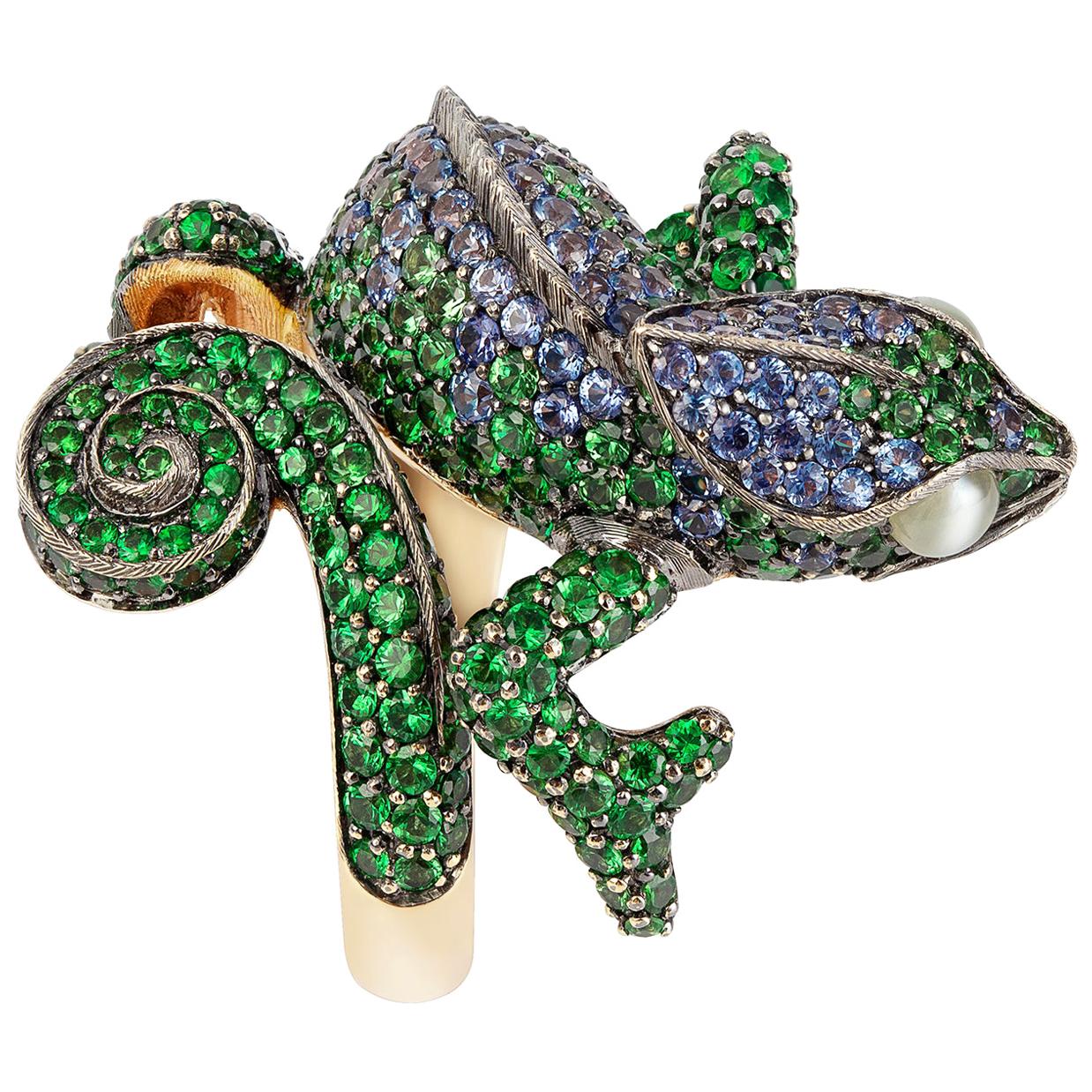 Bague Chameleon précieuse en or blanc 18 carats, diamant, saphir, perle, tsavorite