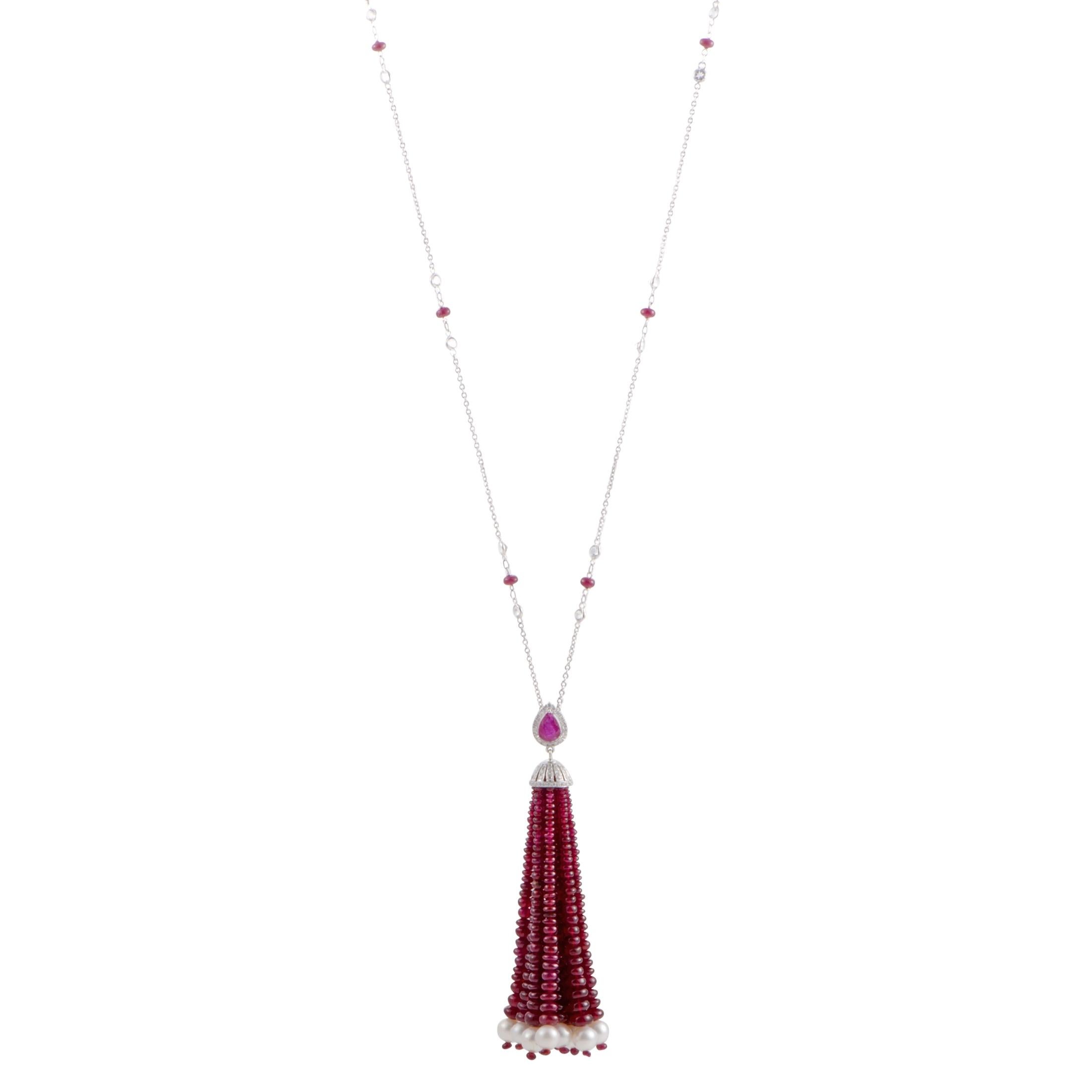 18 Karat White Gold Diamond, Sapphire, Ruby, and Pearl Tassel Pendant Necklace In Excellent Condition In Southampton, PA