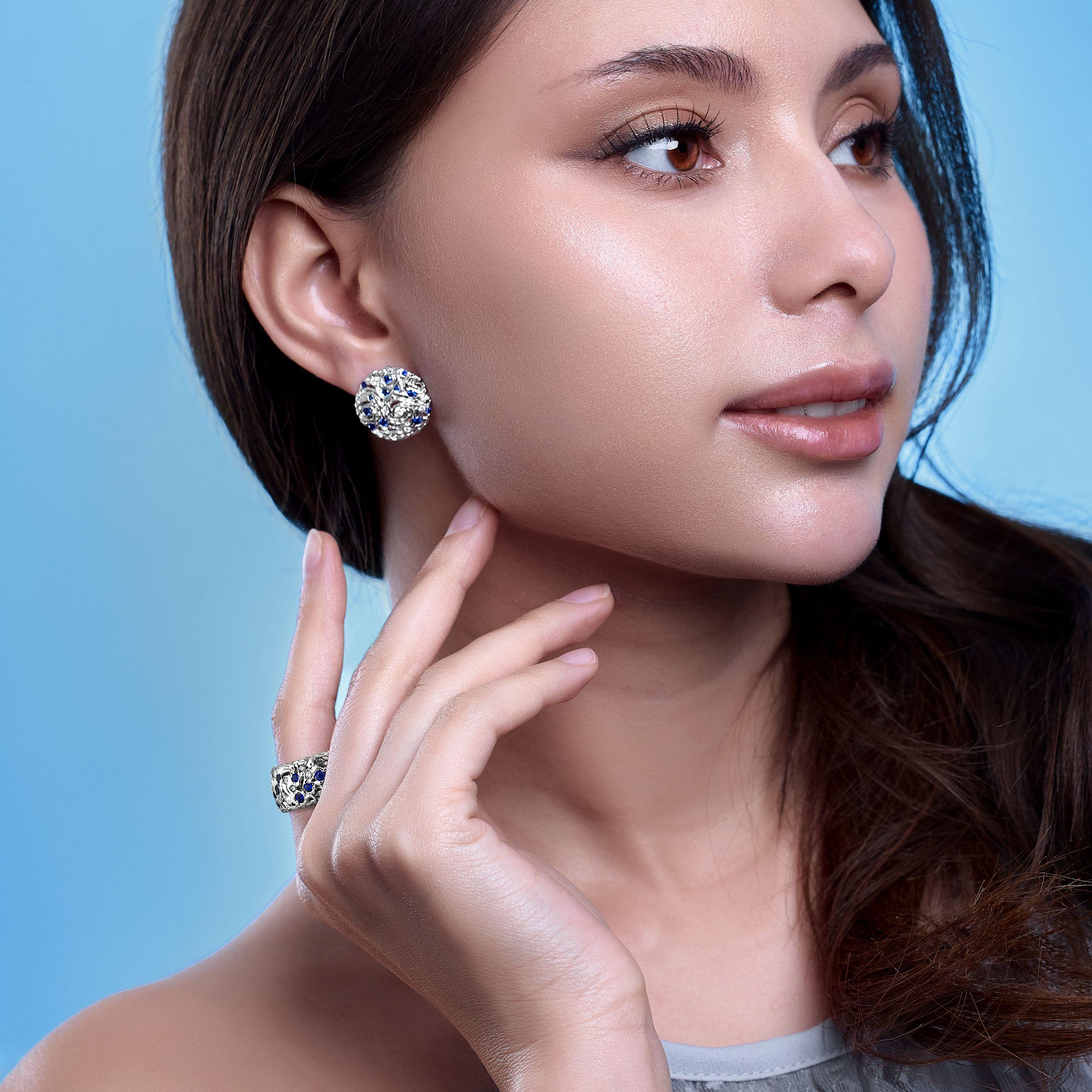 Contemporary 18 Karat White Gold Diamond Sapphire Starry Night Earrings by MOISEIKIN For Sale