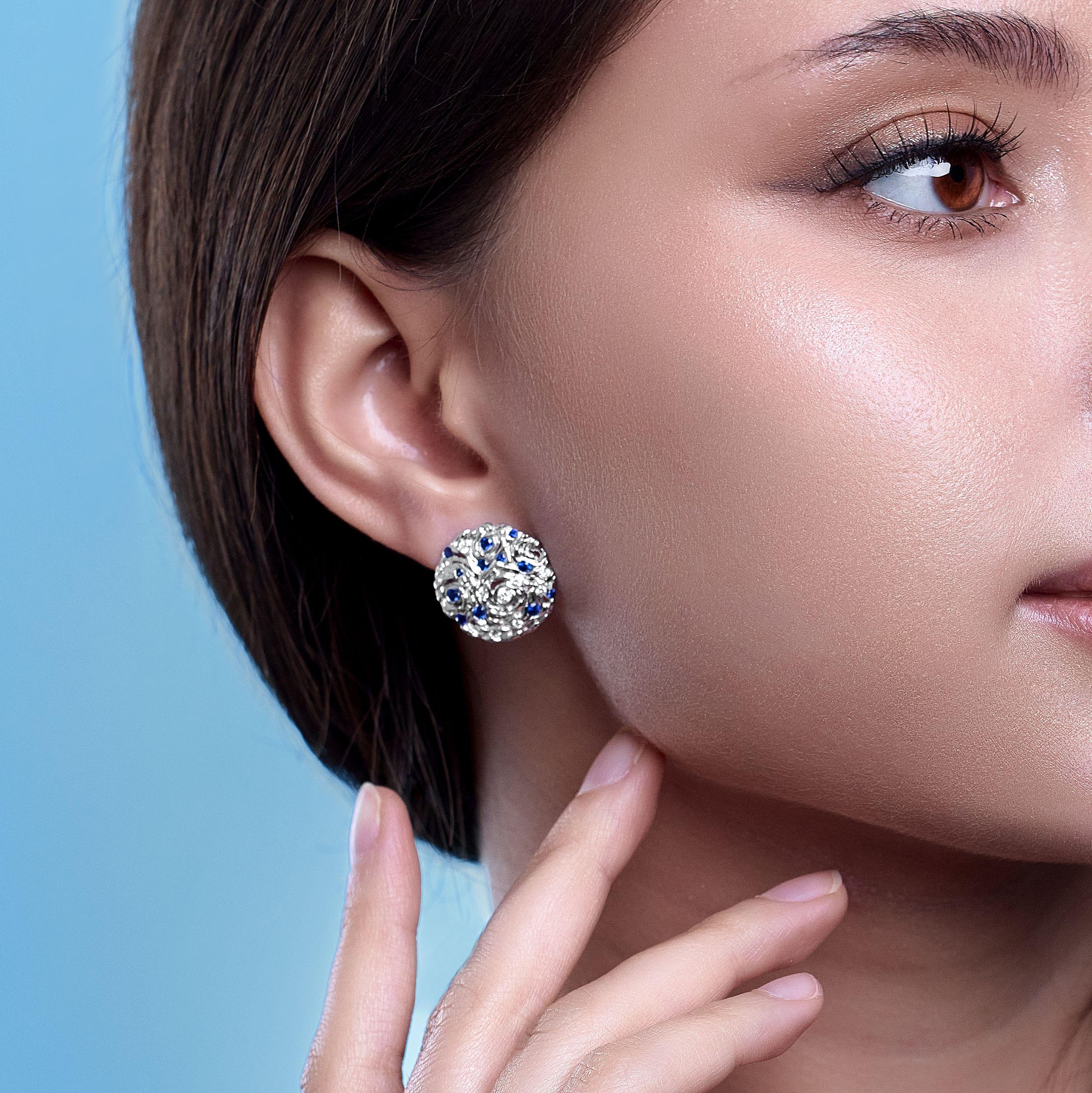 Round Cut 18 Karat White Gold Diamond Sapphire Starry Night Earrings by MOISEIKIN For Sale