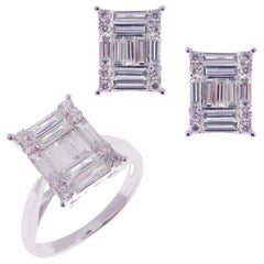 18 Karat White Gold Diamond Simple Baguette Simple Earring Ring Set