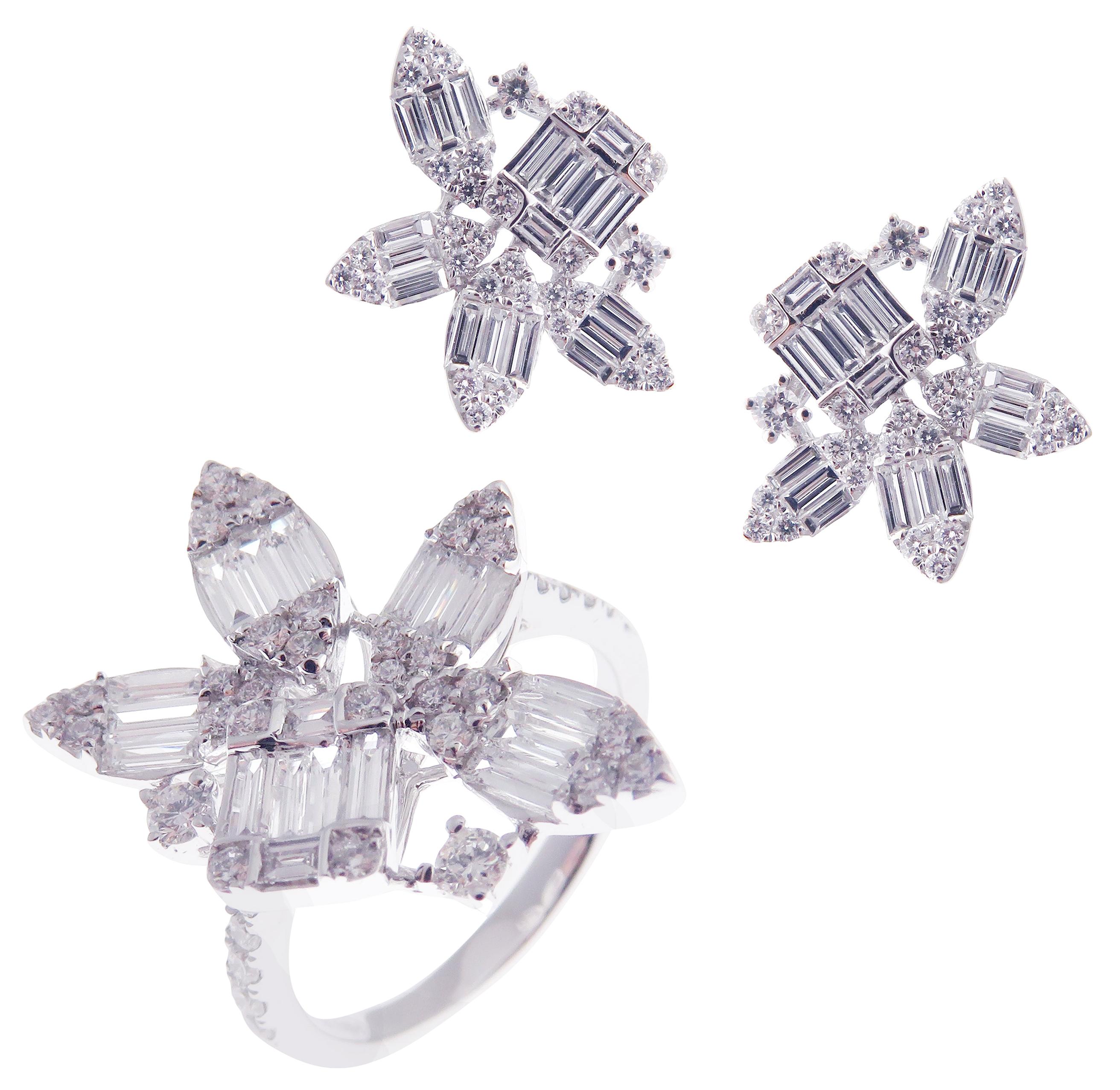 18 Karat White Gold Diamond Simple Cuff Pear Baguette Earring Ring Set For Sale