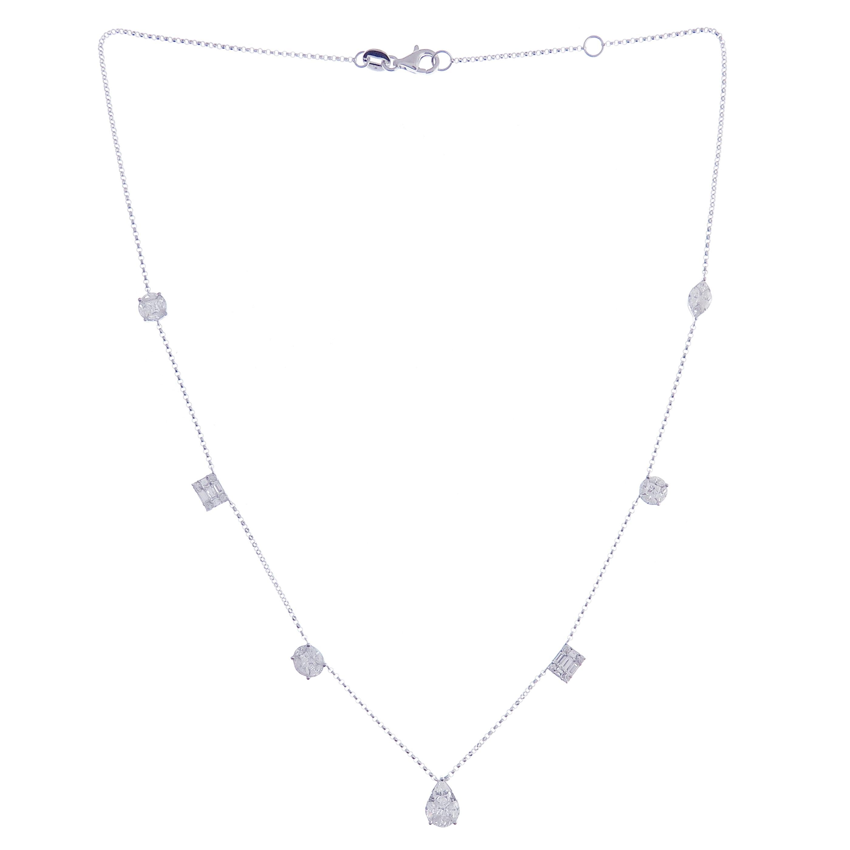 This diamond mix shape necklace is crafted in 18-karat white gold, weighing approximately 2.20 total carats of SI-V Quality white diamonds.

Necklace is 16