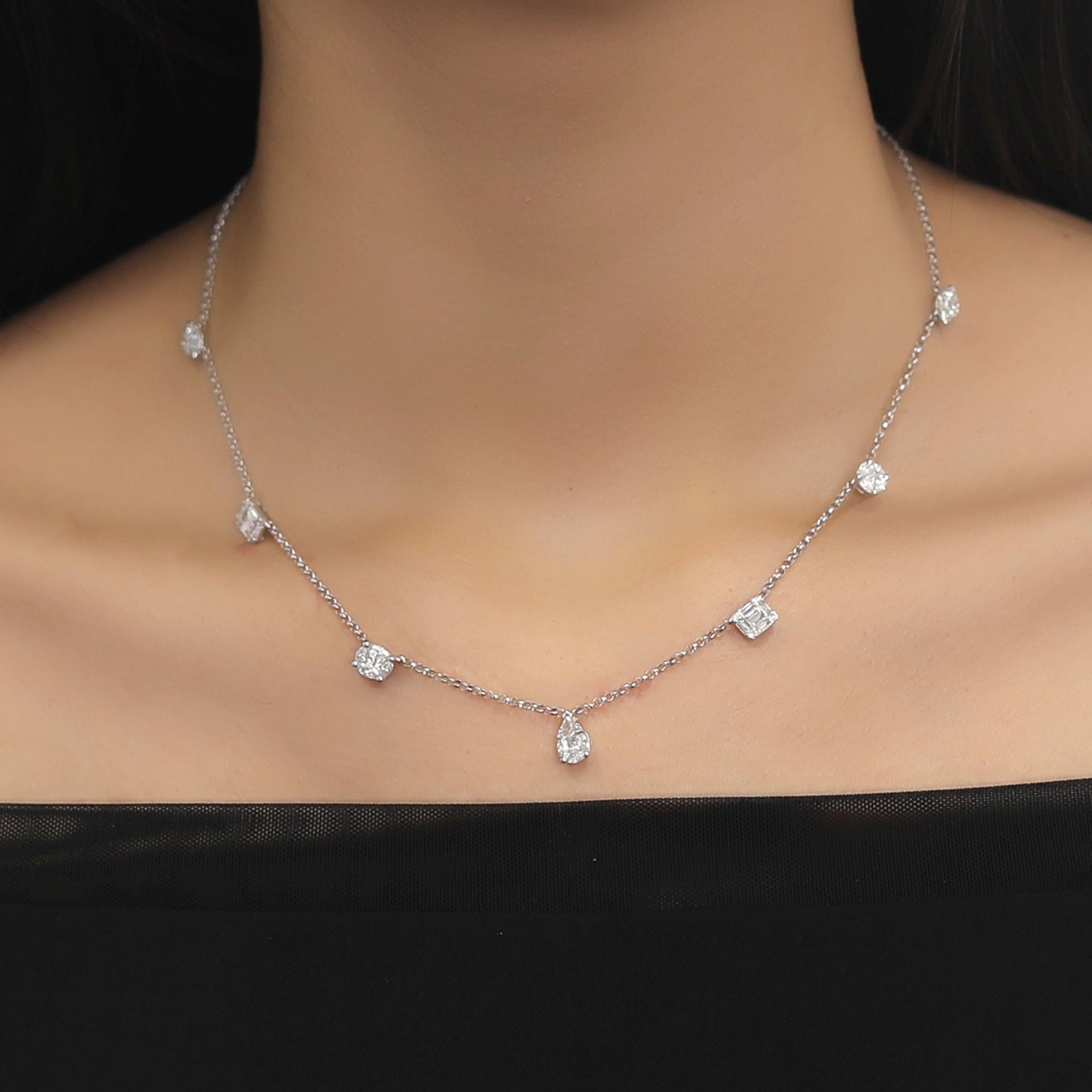 Baguette Cut 18 Karat White Gold Diamond Simple Mix Shape Baguette Strand Necklace For Sale