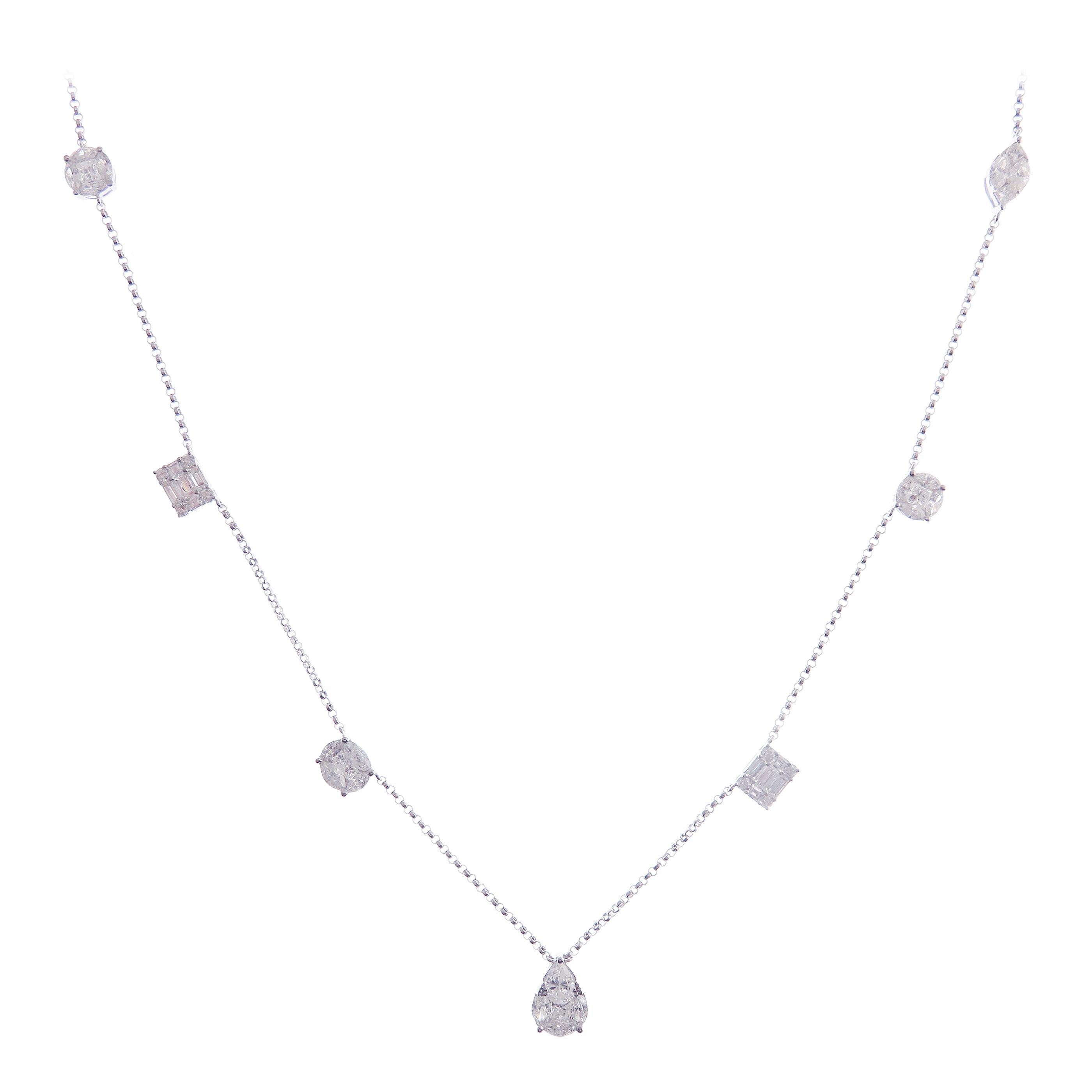 Collier à fils baguettes en or blanc 18 carats et diamants de forme simple et mixte