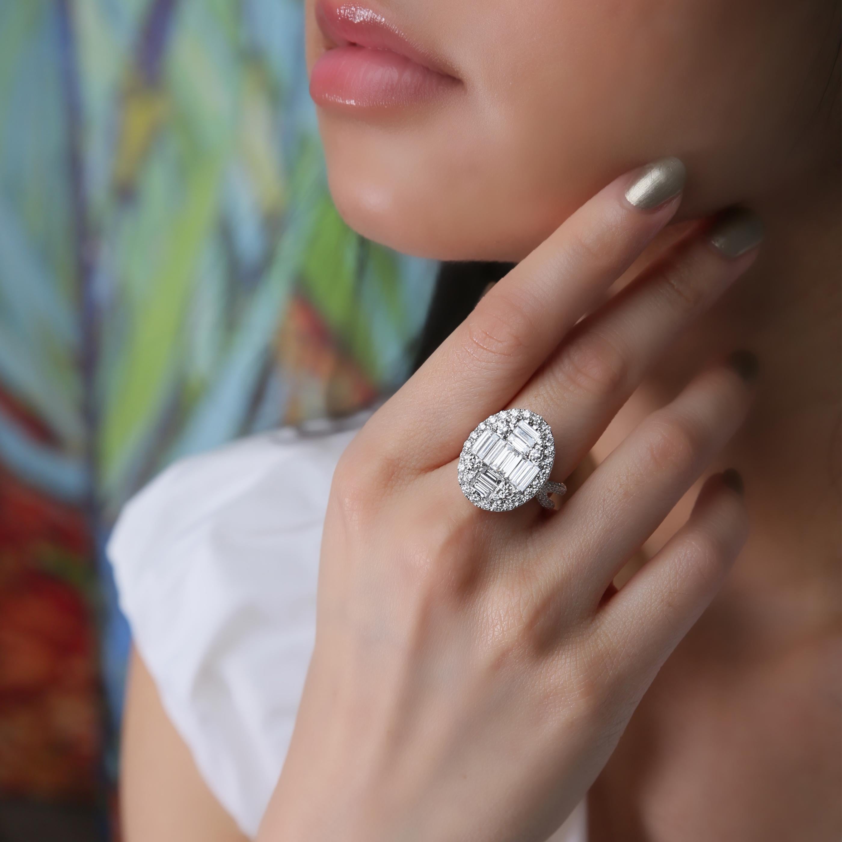 18 Karat Weißgold eleganter ovaler Baguette-Ring mit Diamanten für Damen oder Herren