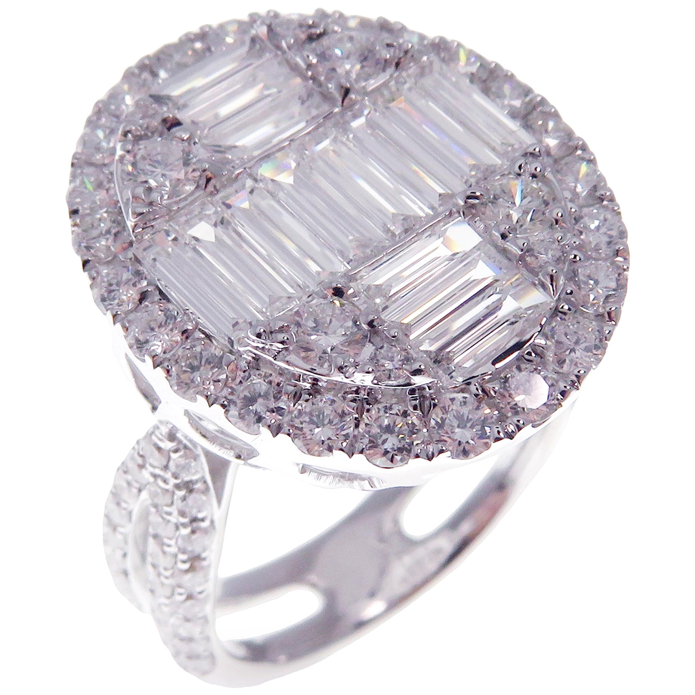 18 Karat White Gold Diamond Sleek Baguette Oval Fancy Ring