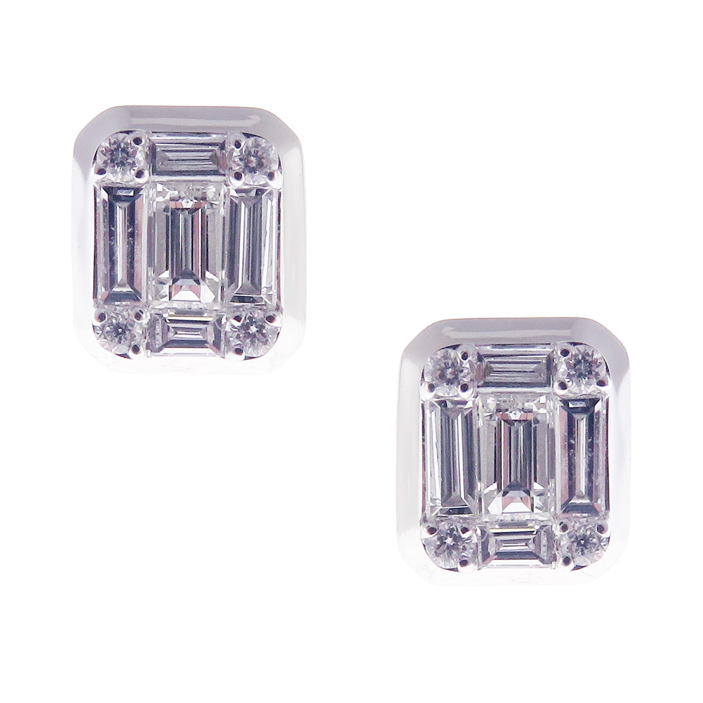 Baguette Cut 18 Karat White Gold Diamond Small Baguette Classic Earring Ring Set For Sale