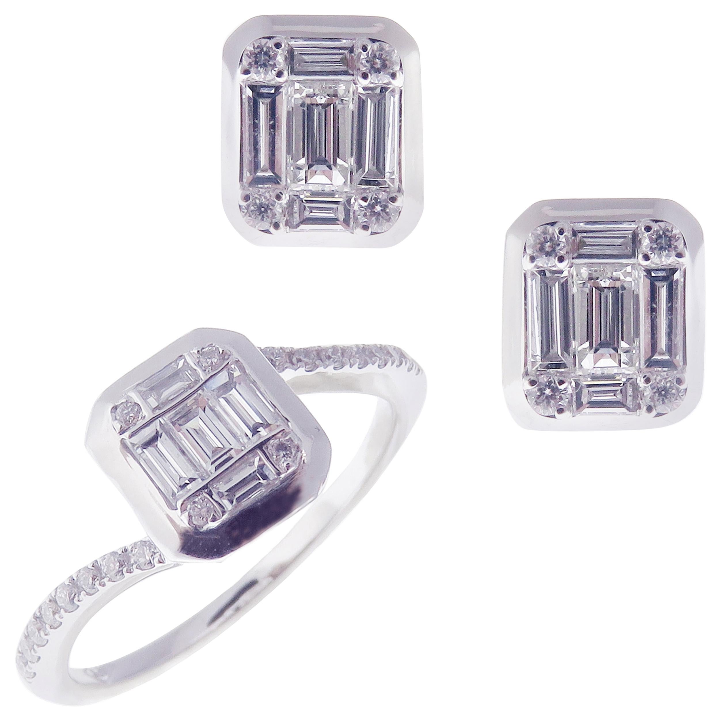 18 Karat White Gold Diamond Small Baguette Classic Earring Ring Set For Sale