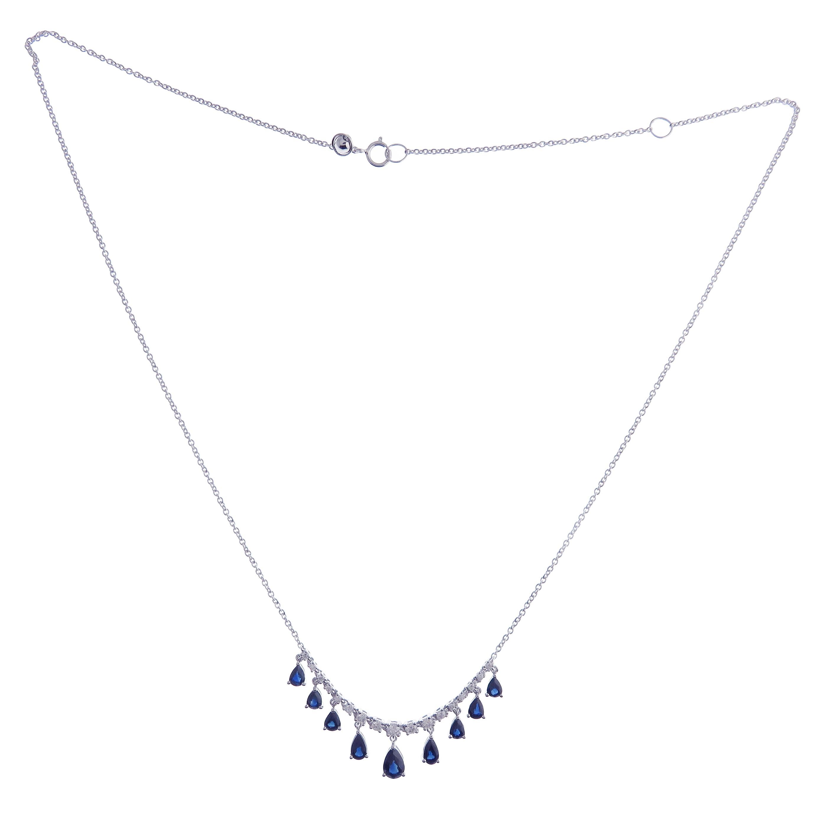 Einfache Bar-Halskette aus 18 Karat Weißgold mit Diamanten und blauen Saphiren in Birnenform (Rundschliff)