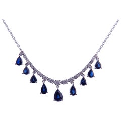 18 Karat White Gold Diamond Small Blue Sapphire Pear Drops Simple Bar Necklace
