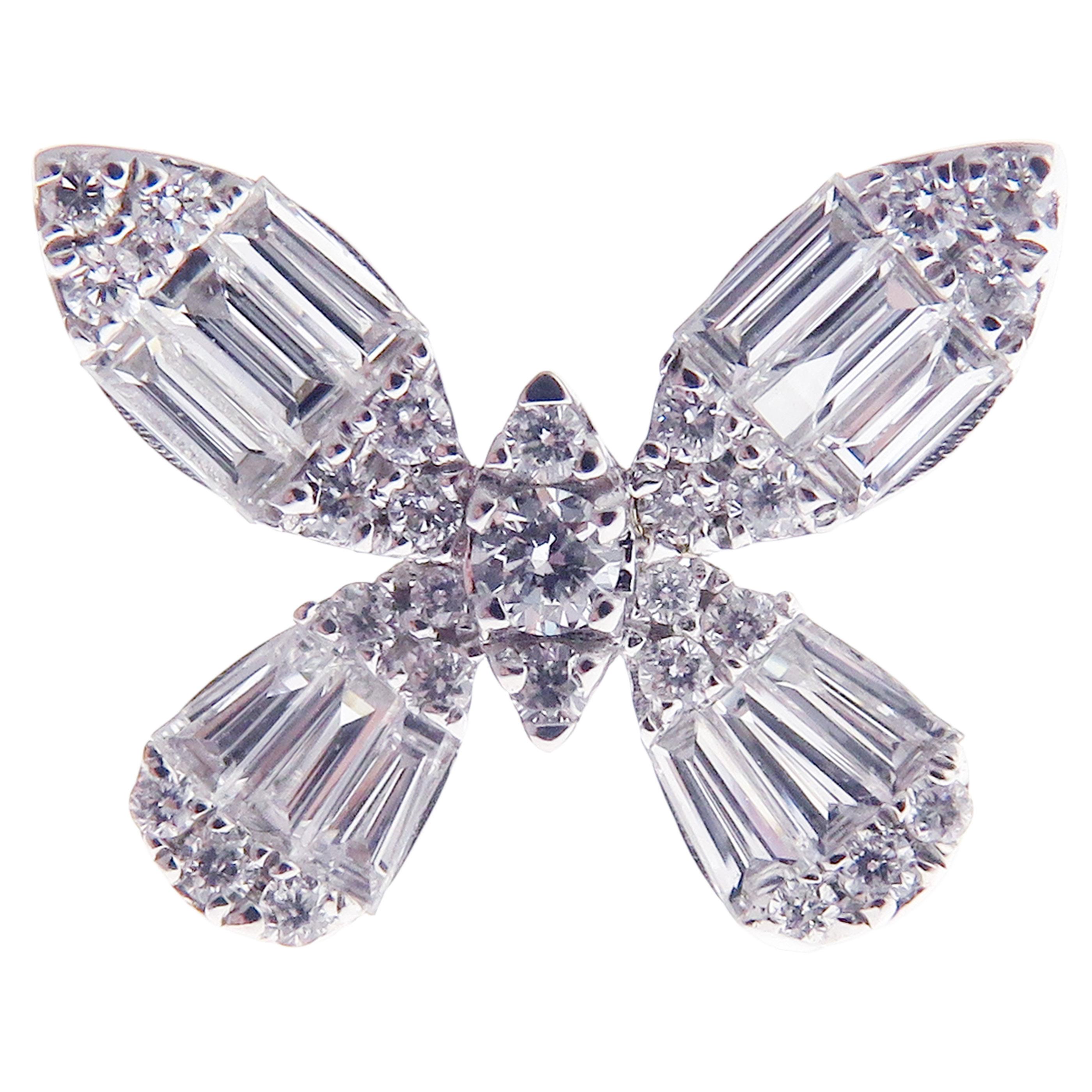 Baguette Cut 18 Karat White Gold Diamond Small Butterfly Earring For Sale
