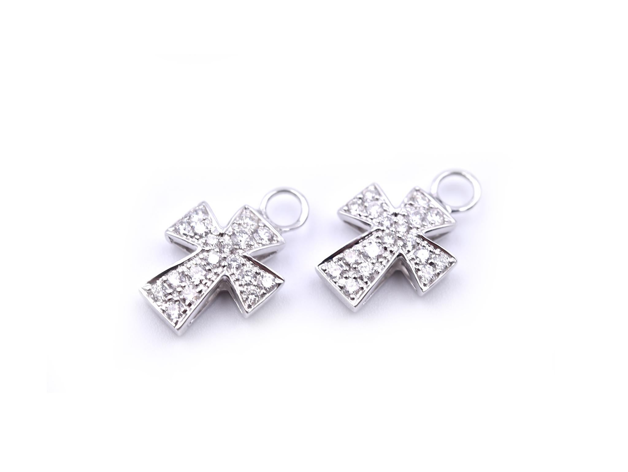 Round Cut 18 Karat White Gold Diamond Small Cross Earring Enhancers