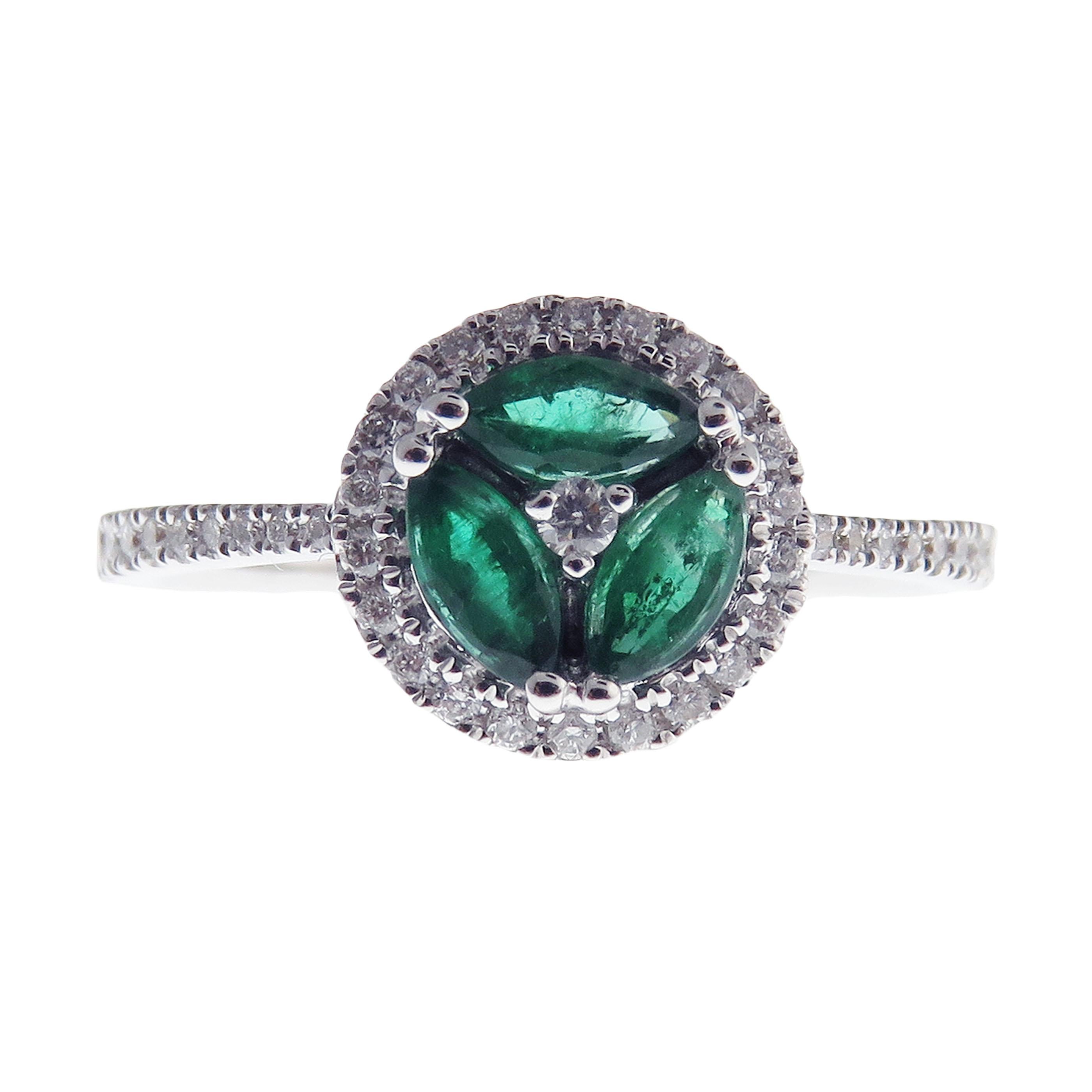 Women's or Men's 18 Karat White Gold Diamond Small Emerald Circle Earring Ring Set